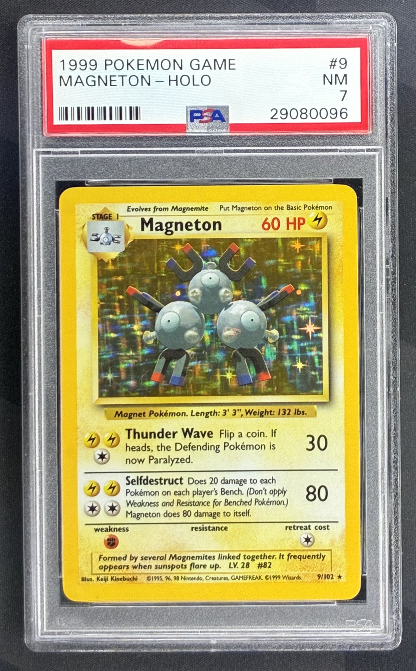1999 Pokémon Base Set Unlimited Magneton Holo Rare 9/102 English trading card graded PSA 7 Near Mint.