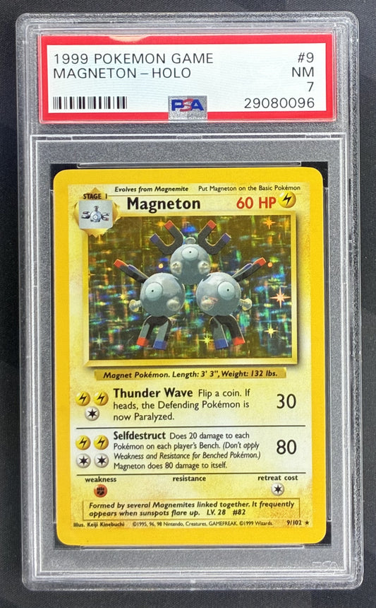 1999 Pokémon Base Set Unlimited Magneton Holo Rare 9/102 English trading card graded PSA 7 Near Mint.