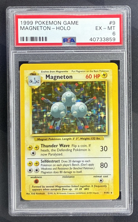 Pokémon Base Set Unlimited Magneton Holo 9/102 trading card graded PSA 6 EX-MT.
