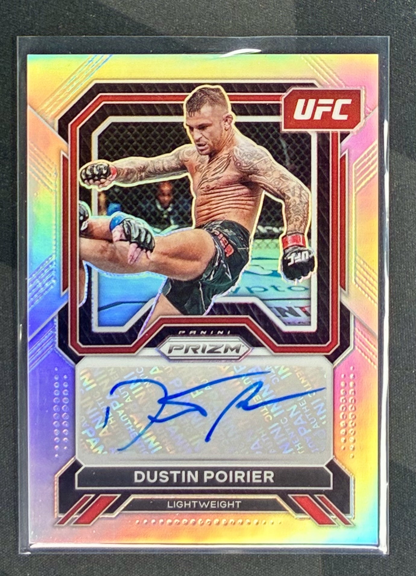 2023 Panini Prizm UFC Dustin Poirier Superstar Autographs Silver Prizm autograph trading card in Near Mint condition.