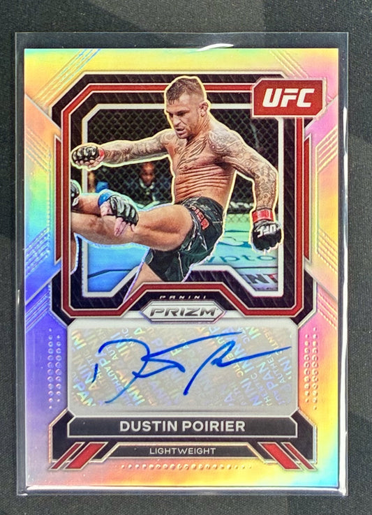 2023 Panini Prizm UFC Dustin Poirier Superstar Autographs Silver Prizm autograph trading card in Near Mint condition.