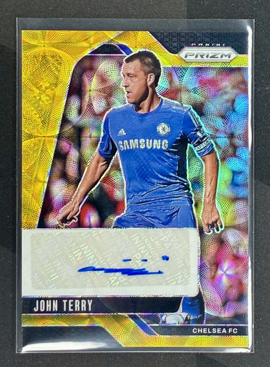 2024-25 Panini Prizm Premier League John Terry Gold Prizm autograph card numbered to 10 featuring Chelsea legend.