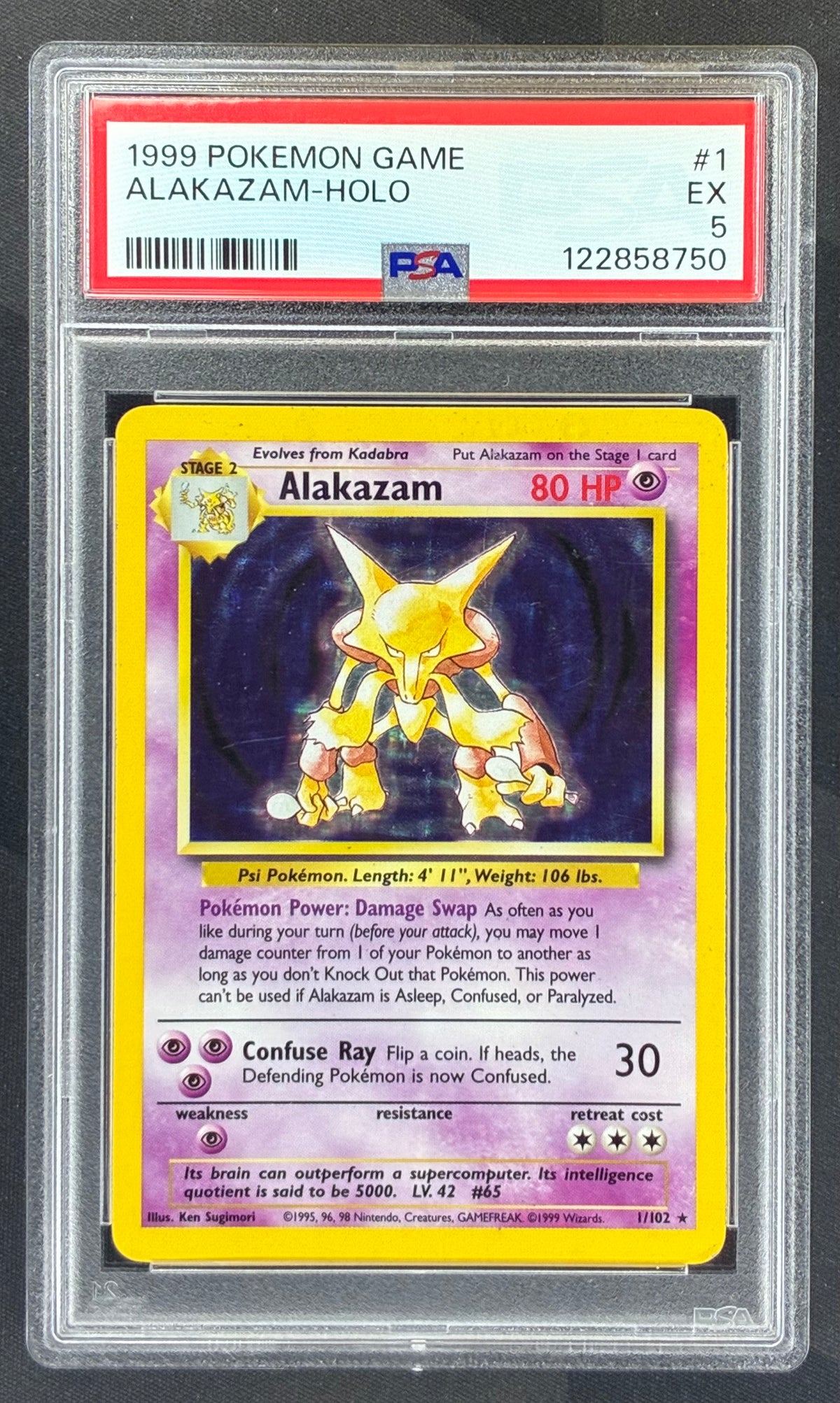 1999 Pokémon Alakazam 1/102 Base Set Holo PSA 5 EX