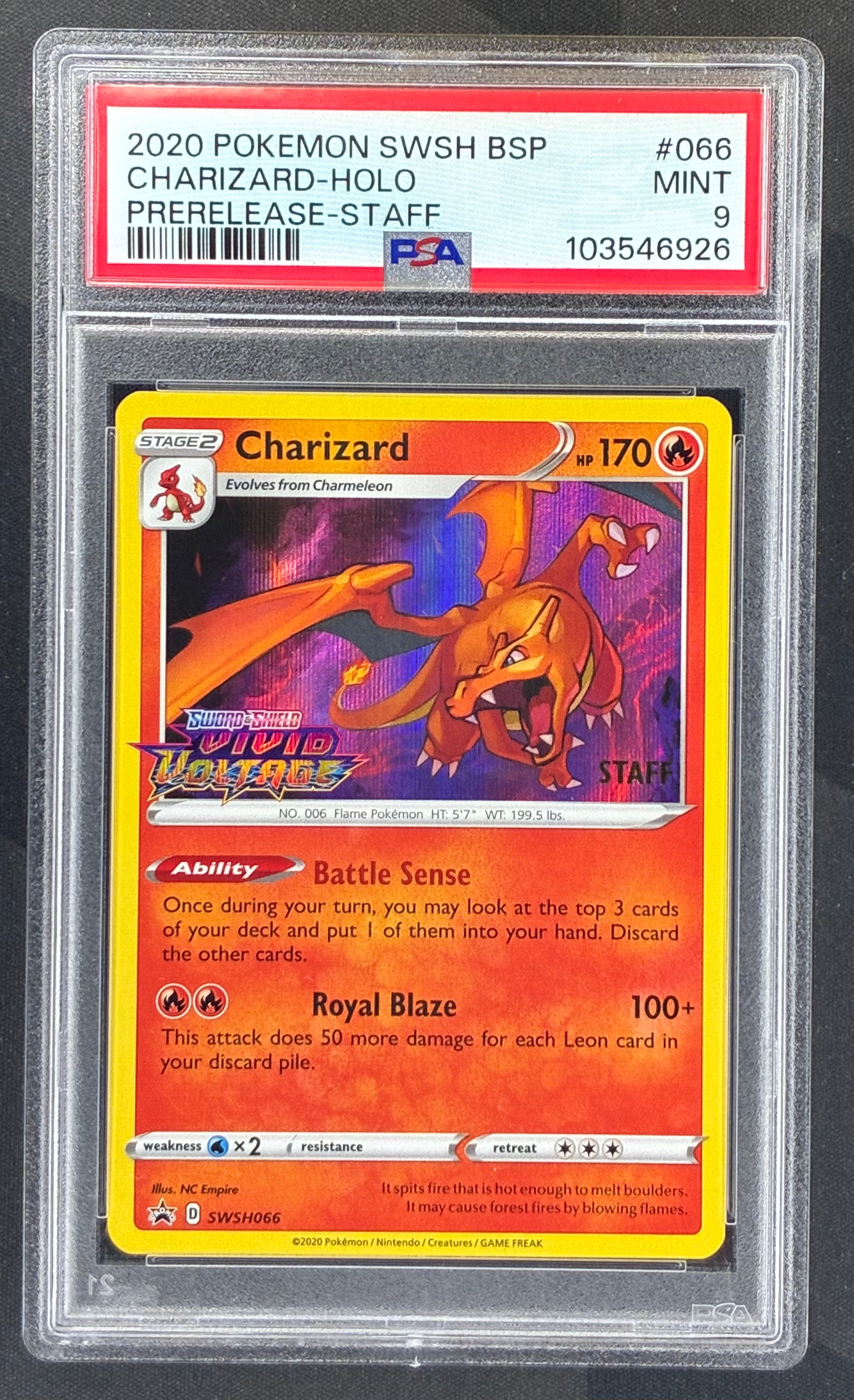 2020 Pokémon Vivid Voltage Prerelease STAFF Charizard SWSH066 holo promo card graded PSA 9 Mint.