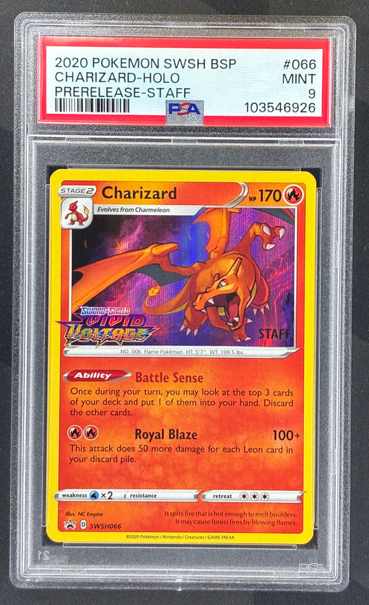2020 Pokémon Vivid Voltage Prerelease STAFF Charizard SWSH066 holo promo card graded PSA 9 Mint.