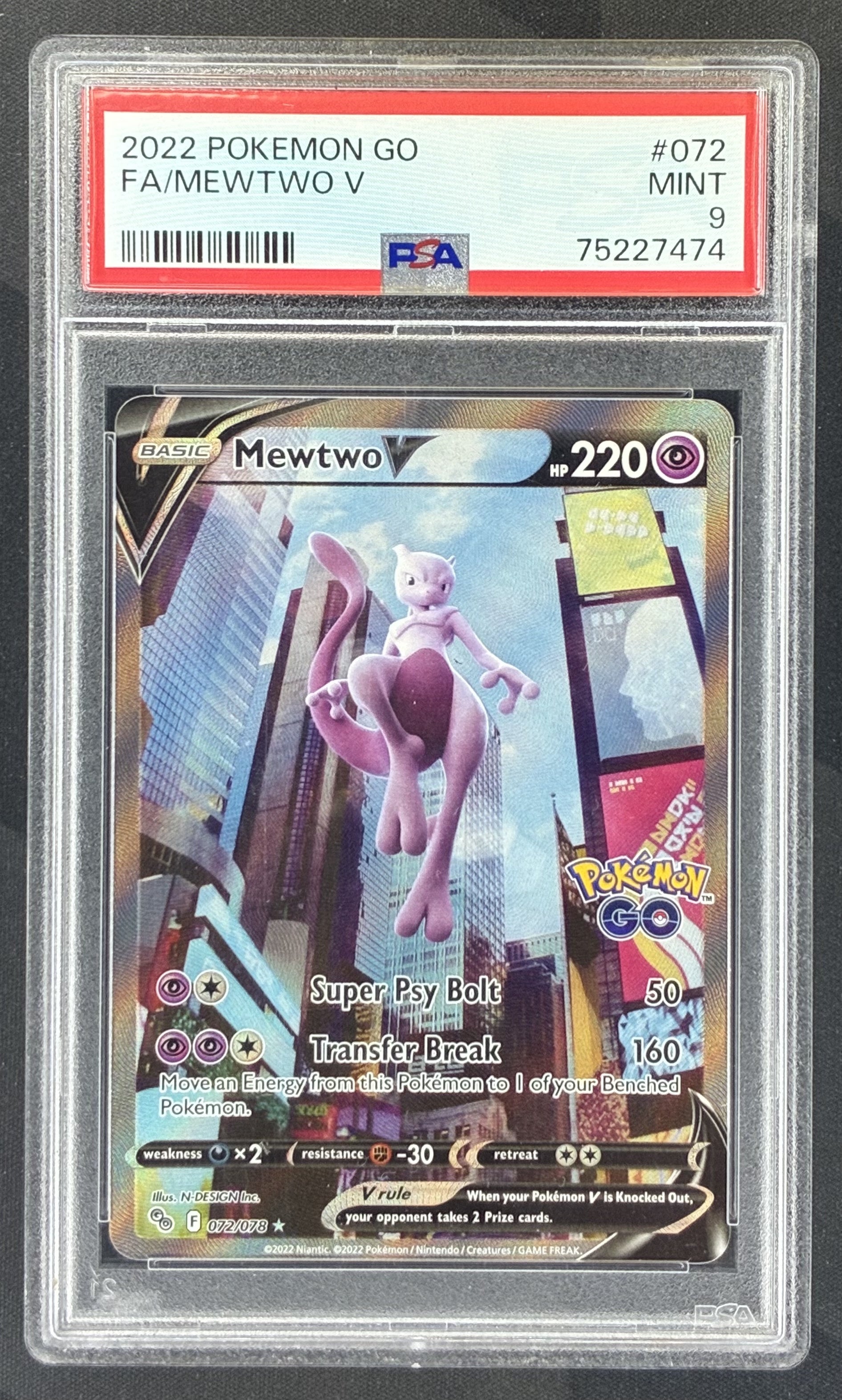 2022 Pokémon GO Mewtwo V Alternate Art 072/078 holo trading card graded PSA 9 Mint.