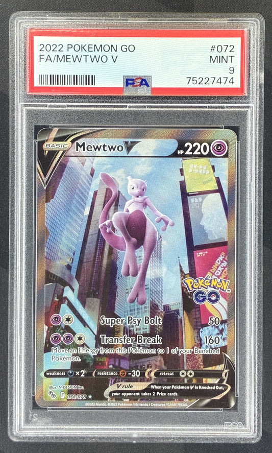 2022 Pokémon GO Mewtwo V Alternate Art 072/078 holo trading card graded PSA 9 Mint.