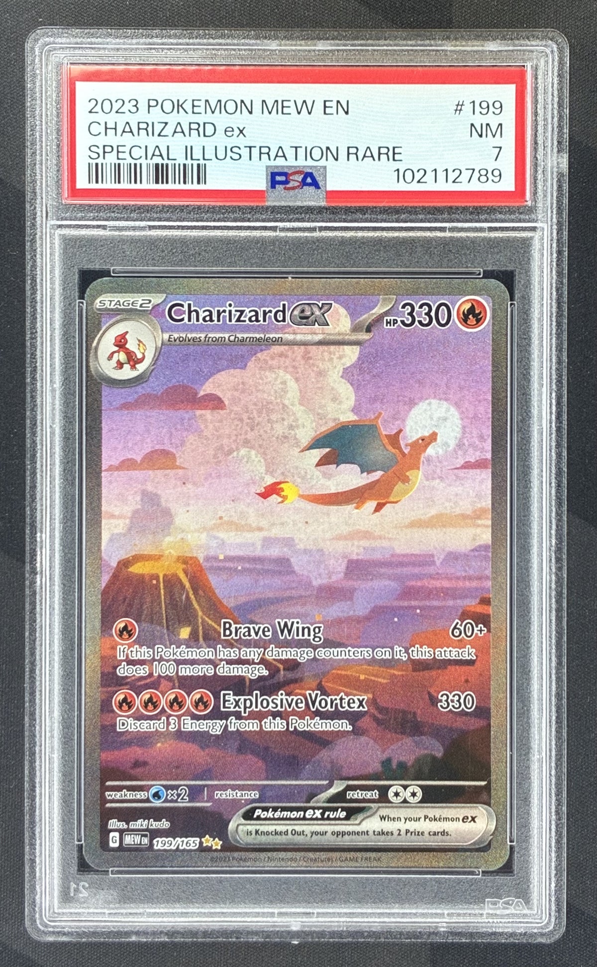 2023 Pokémon Scarlet & Violet 151 Charizard ex Special Illustration Rare 199/165 holo card graded PSA 7 Near Mint.