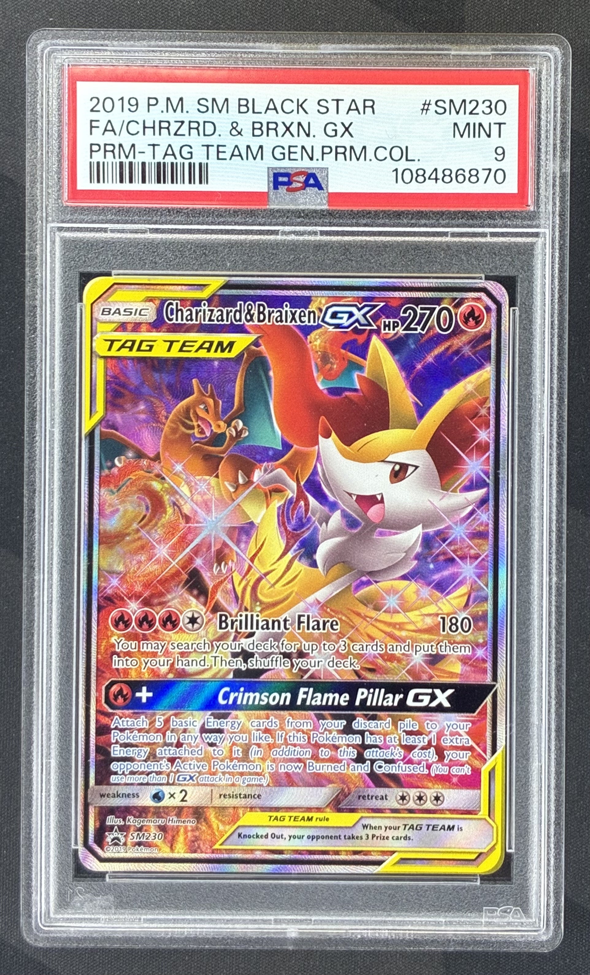 2019 Pokémon Charizard & Braixen GX SM230 Tag Team Generations Black Star Promo card graded PSA 9 Mint.