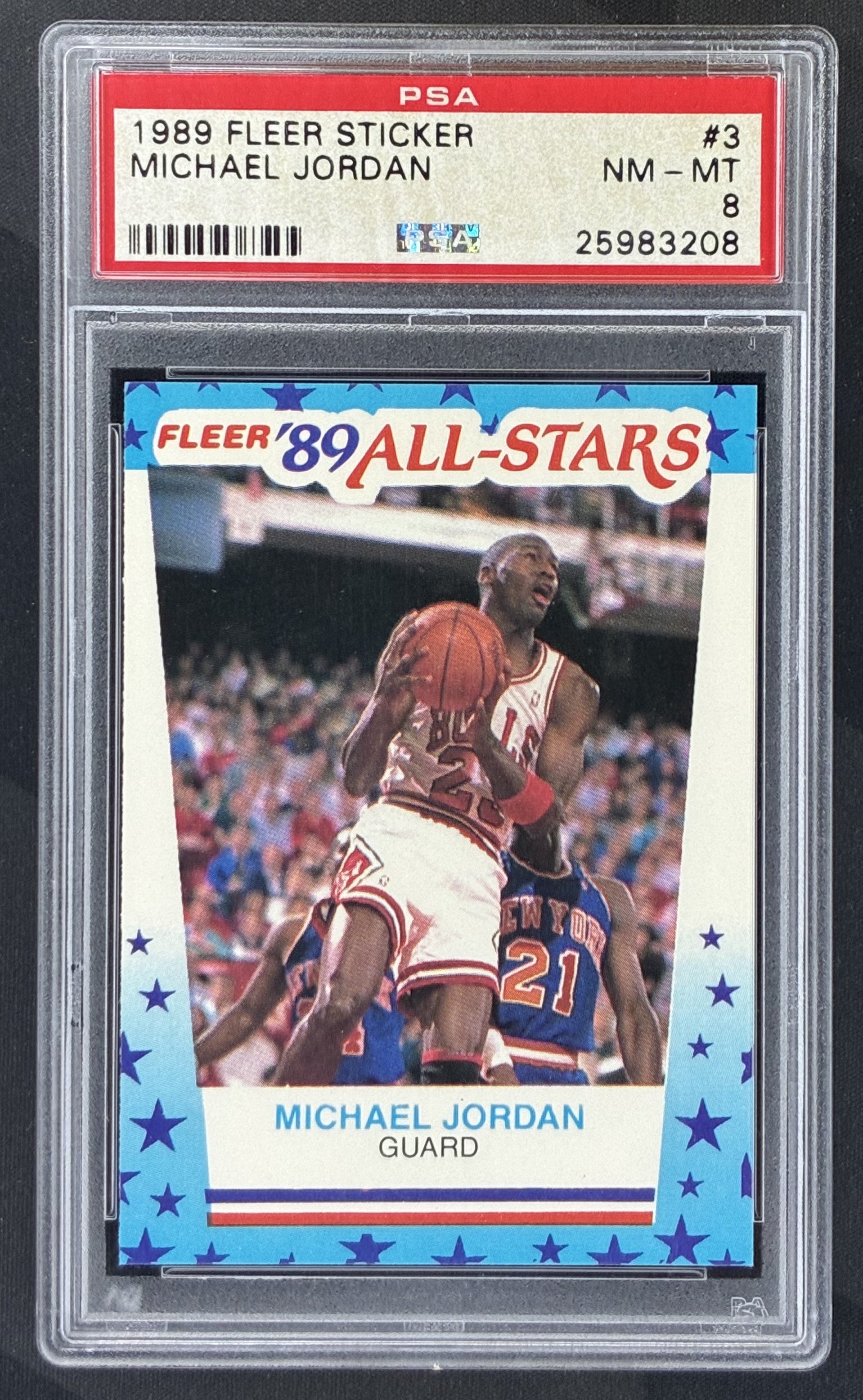 1989 Fleer Sticker Michael Jordan #3 Chicago Bulls basketball sticker graded PSA 8 NM-MT.