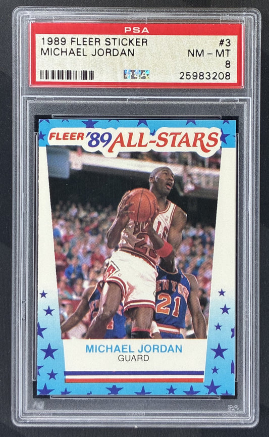 1989 Fleer Sticker Michael Jordan #3 Chicago Bulls basketball sticker graded PSA 8 NM-MT.