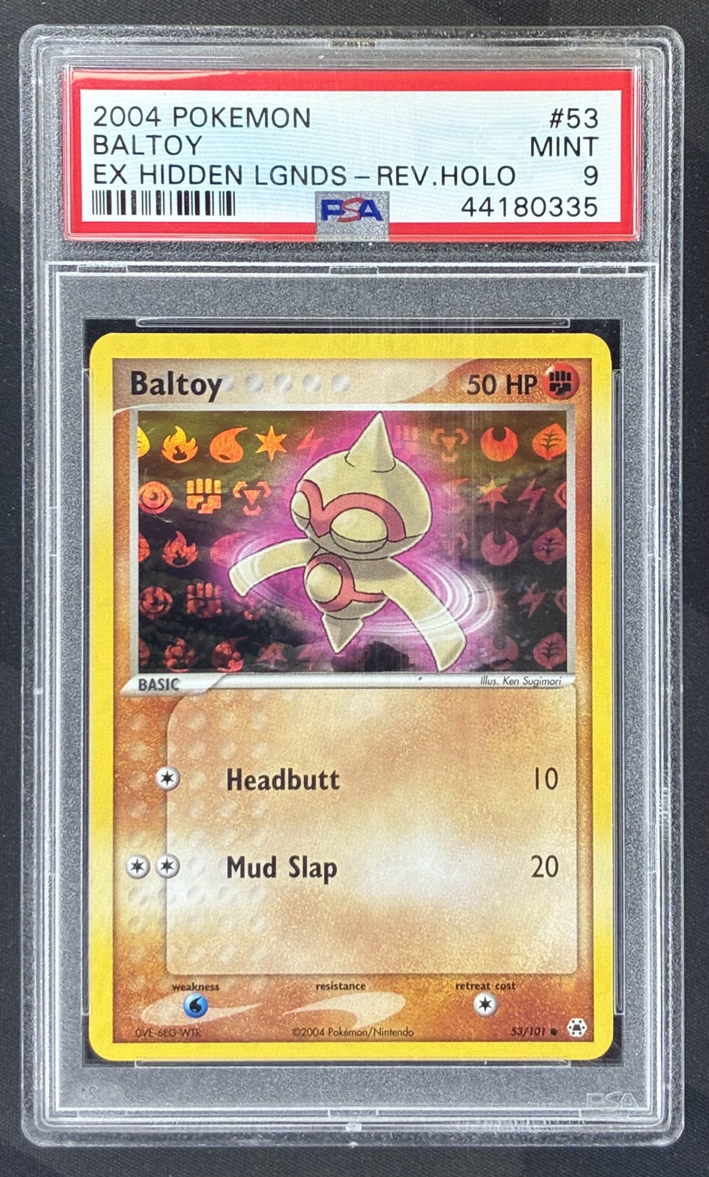 2004 Pokémon EX Hidden Legends Baltoy Reverse Foil #53/101 English trading card graded PSA 9 Mint.