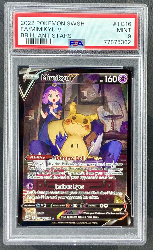 2022 Pokémon Brilliant Stars Mimikyu V TG16/TG30 Trainer Gallery card graded PSA 9 Mint.