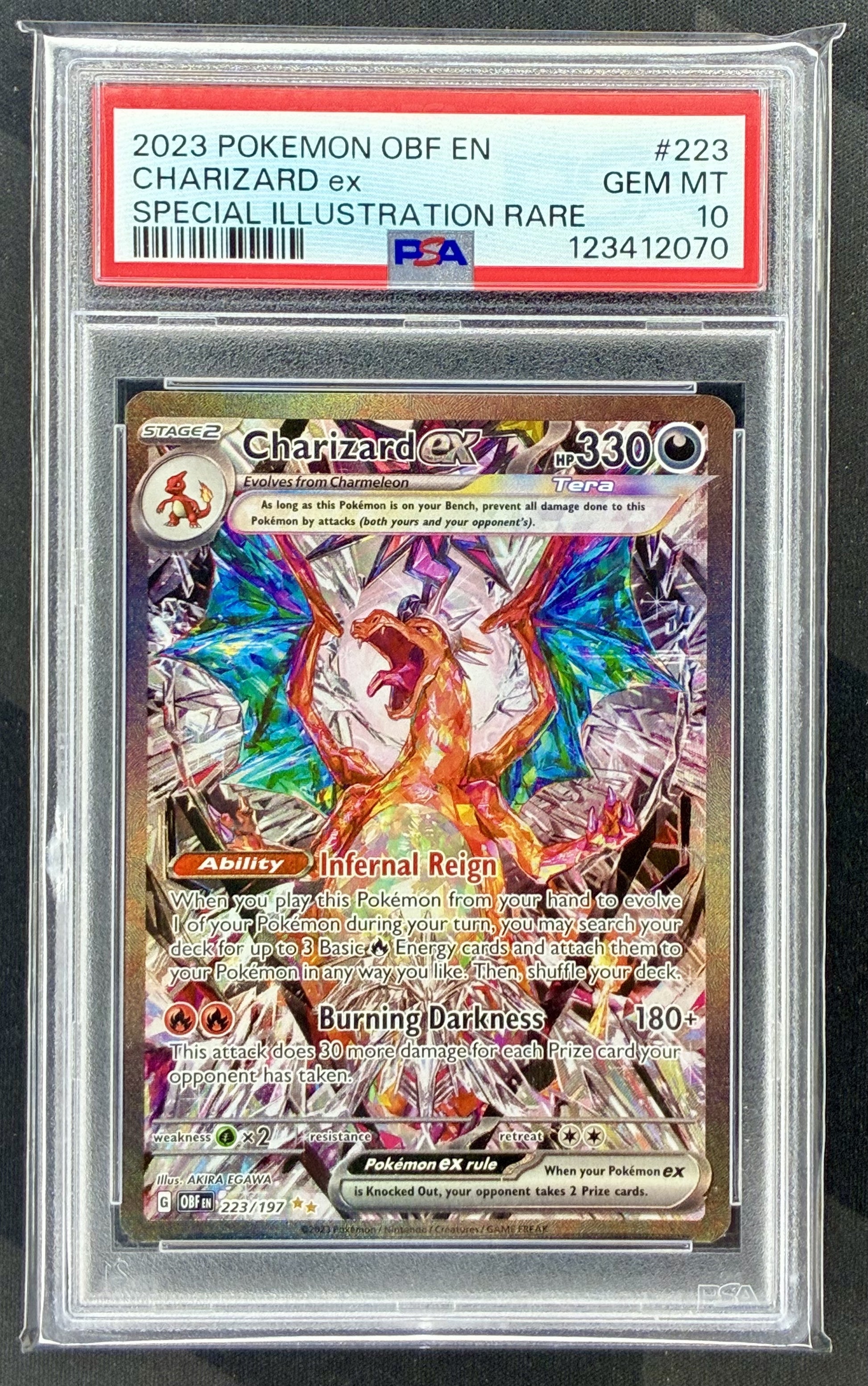 2023 Pokémon Obsidian Flames Charizard ex 223/197 Special Illustration Rare card graded PSA 10 Gem Mint.