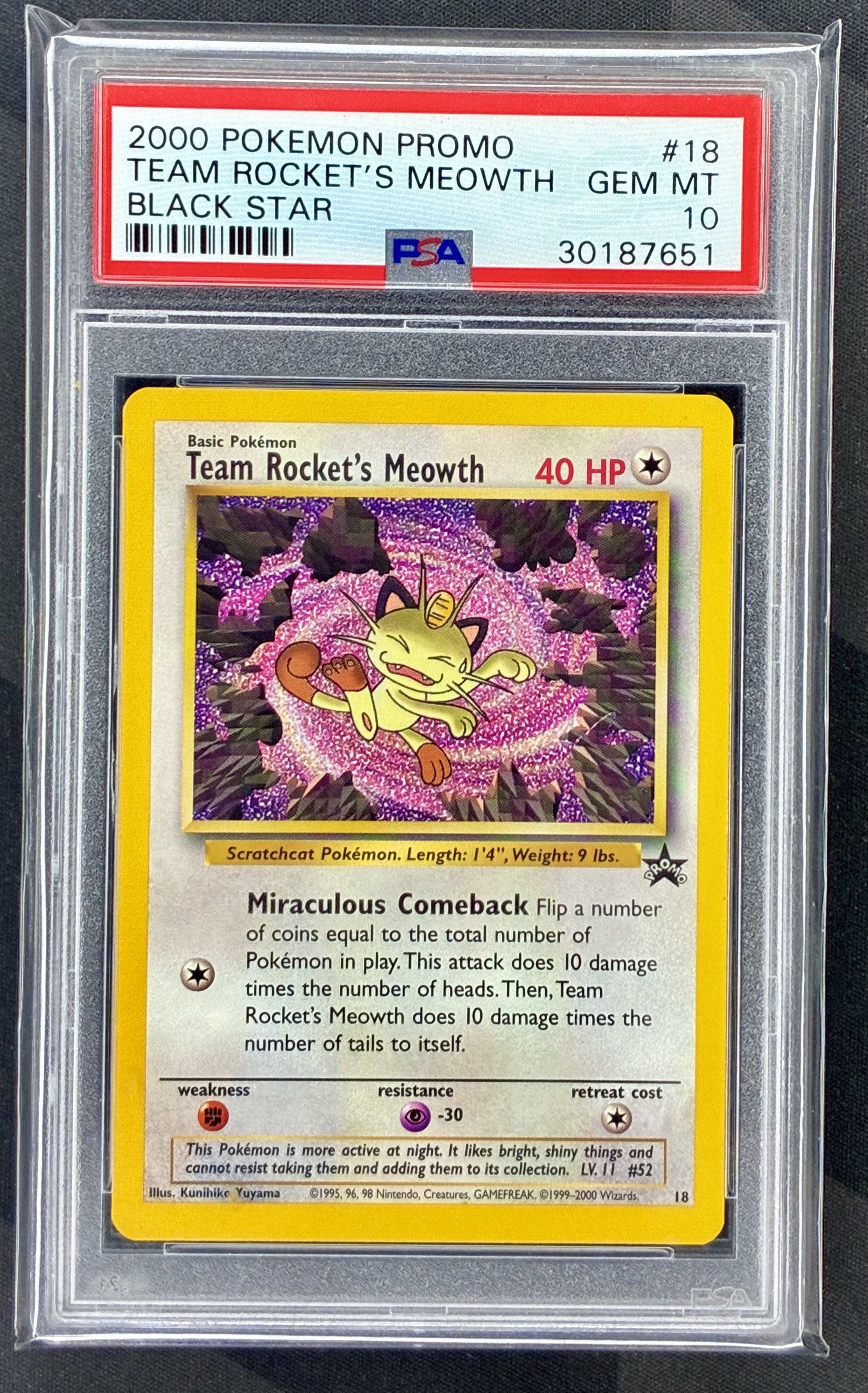 2000 Pokémon Black Star Promo Team Rocket's Meowth #18 card graded PSA 10 Gem Mint.