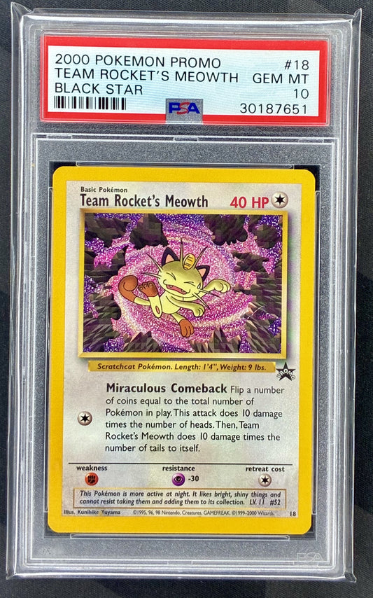 2000 Pokémon Black Star Promo Team Rocket's Meowth #18 card graded PSA 10 Gem Mint.
