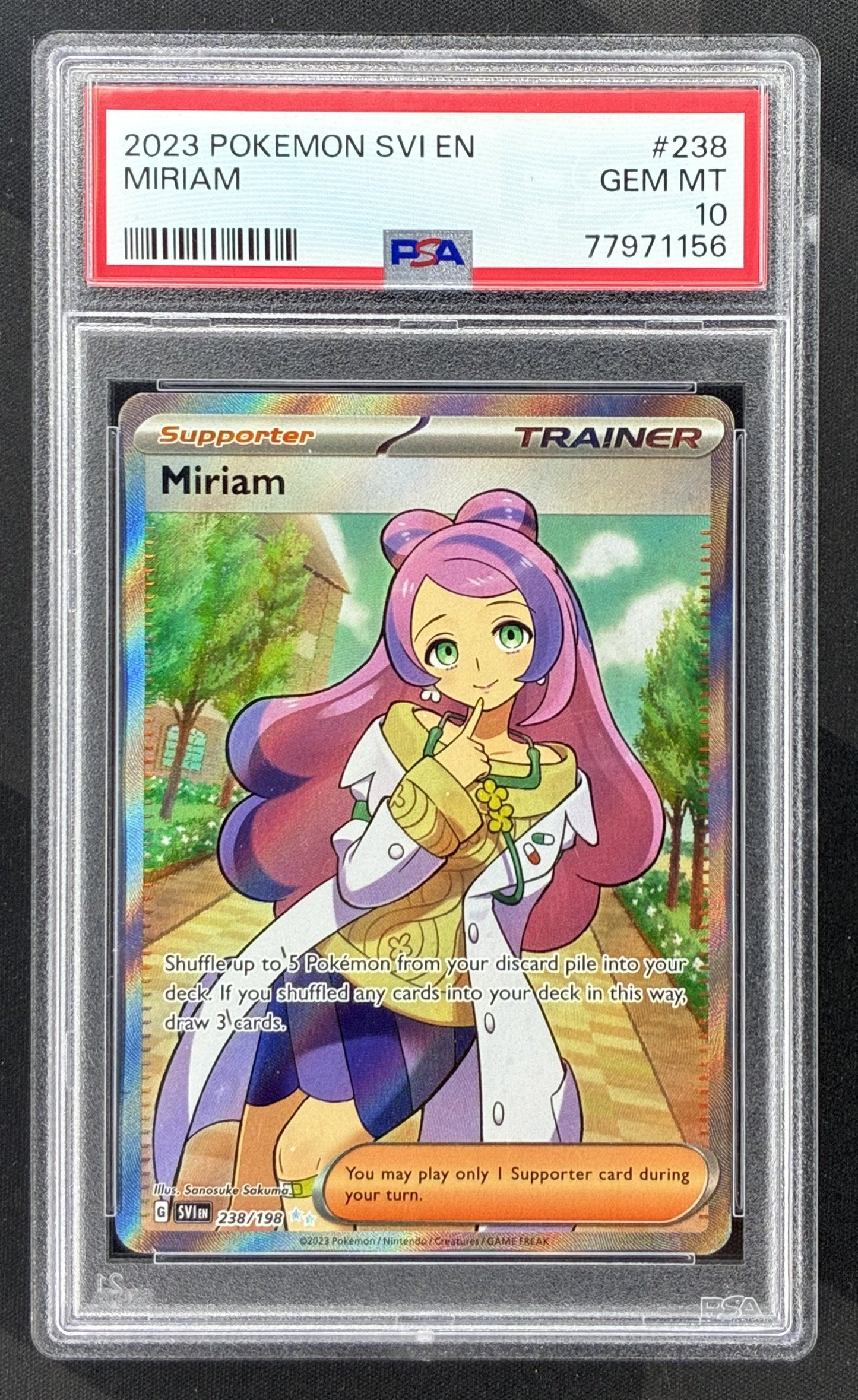 2023 Pokémon Scarlet & Violet Miriam 238/198 Special Illustration Rare Trainer card graded PSA 10 Gem Mint.