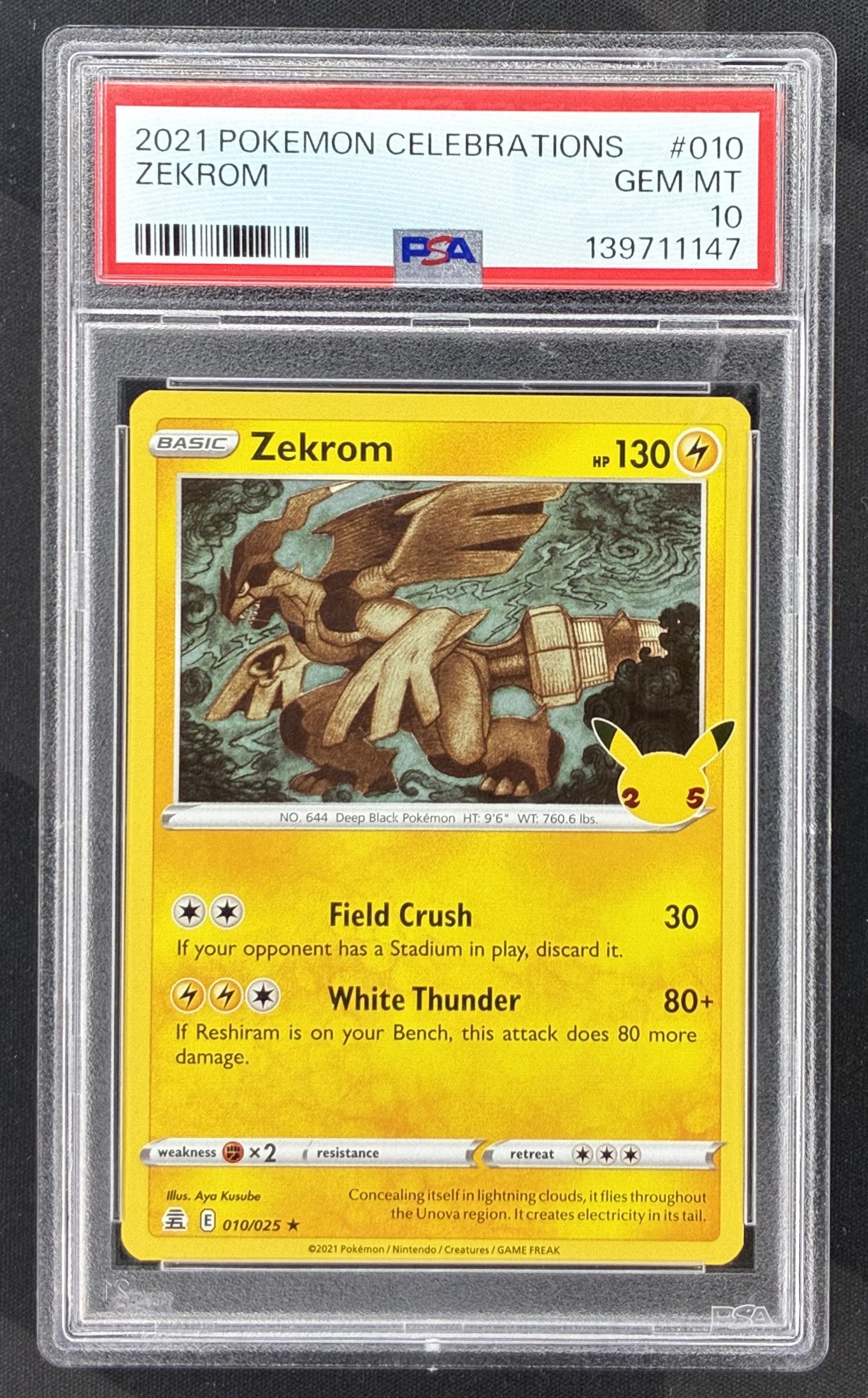 2021 Pokémon Celebrations Zekrom 010/025 Holo 25th Anniversary card graded PSA 10 Gem Mint.
