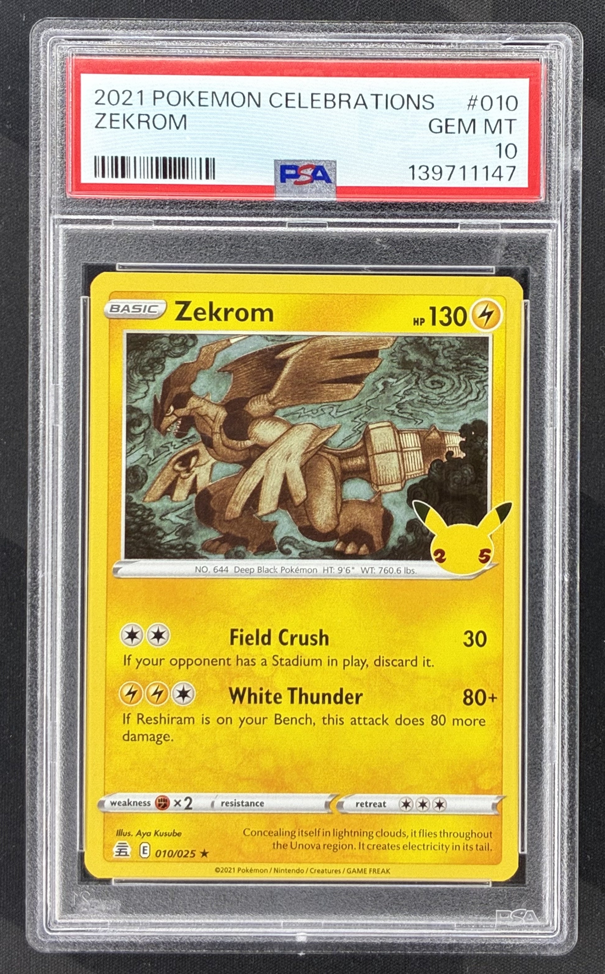 2021 Pokémon Celebrations Zekrom 010/025 Holo 25th Anniversary card graded PSA 10 Gem Mint.