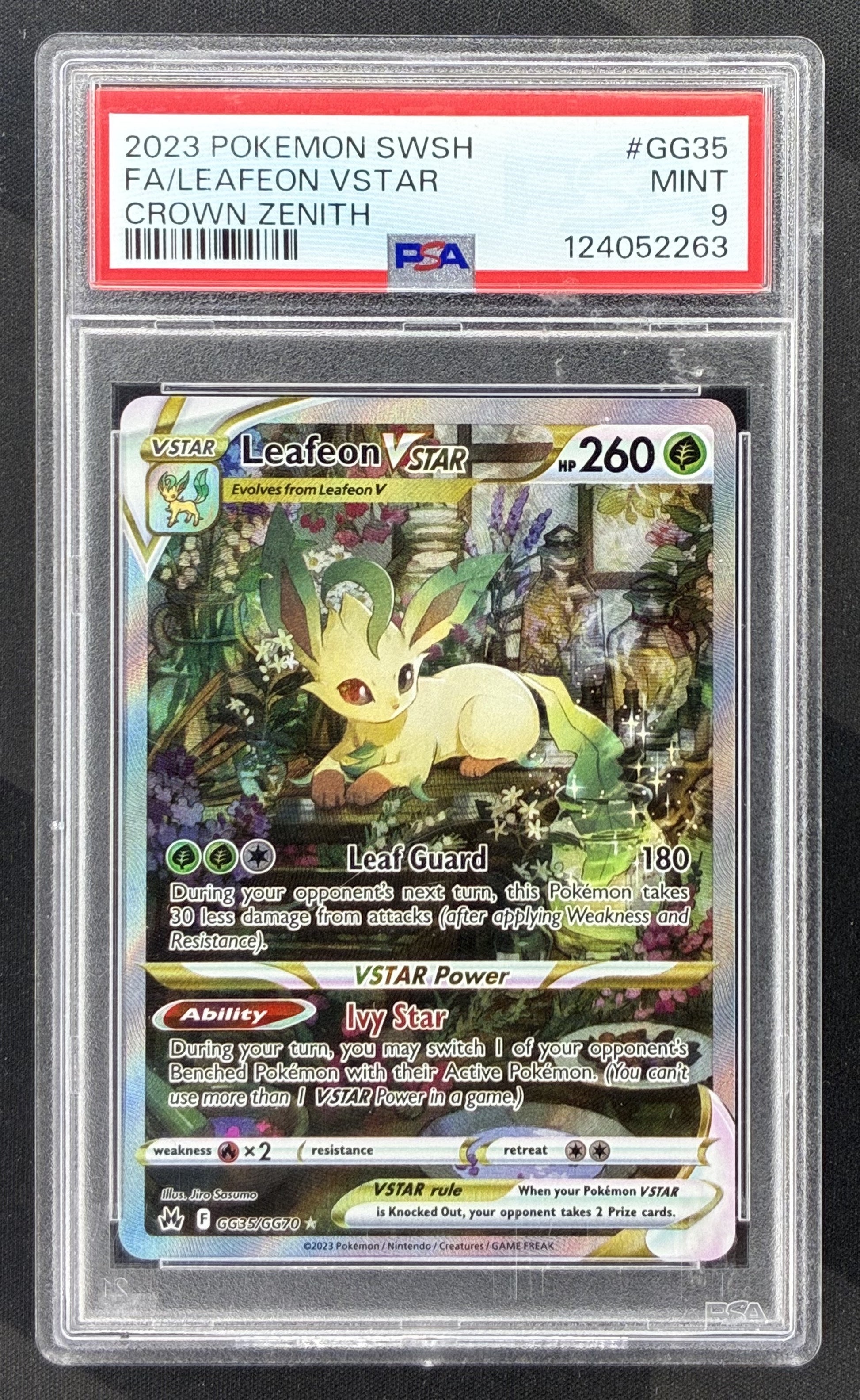 2023 Pokémon Crown Zenith Leafeon VSTAR GG35/GG70 Galarian Gallery card graded PSA 9 Mint.