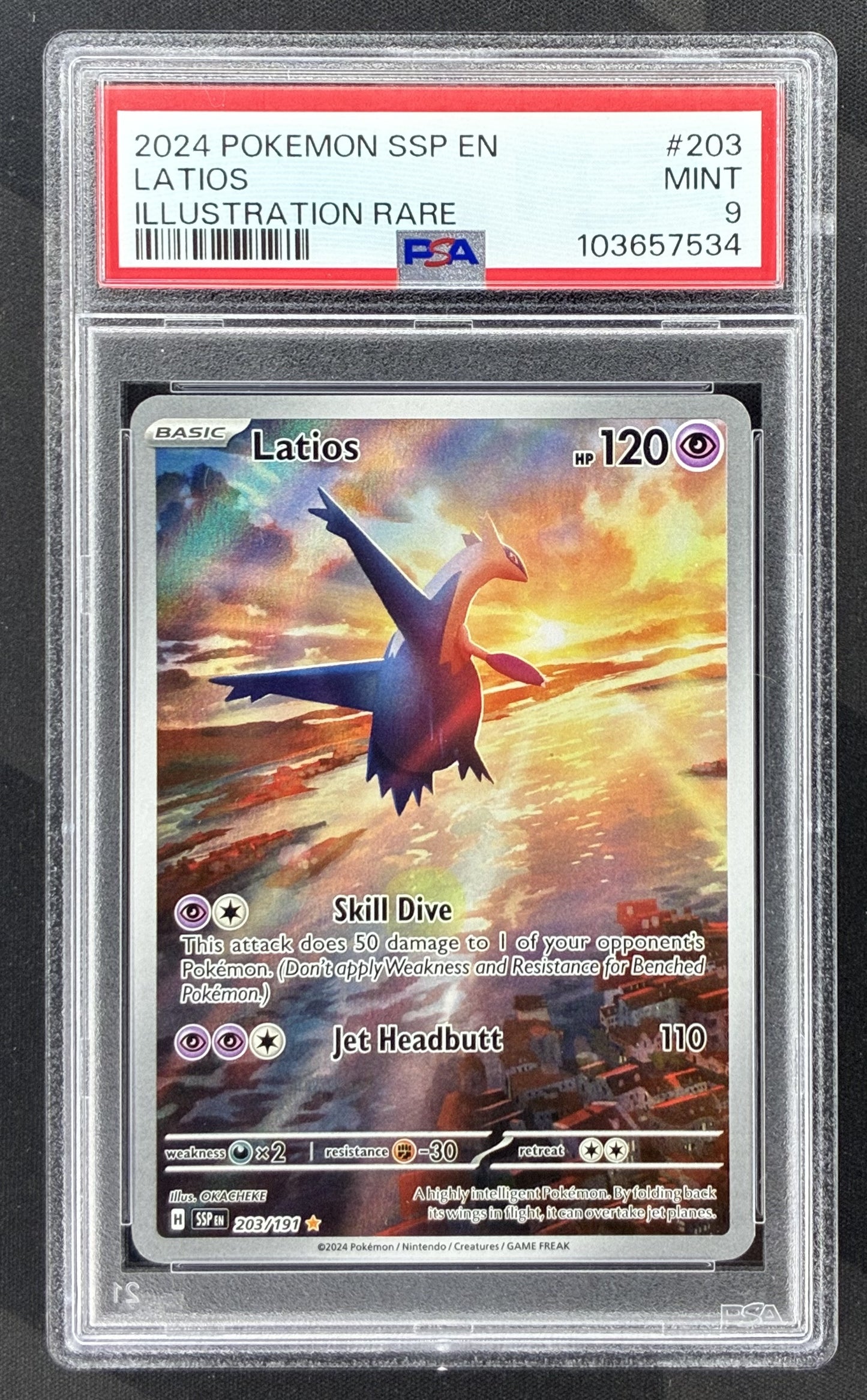 2024 Pokémon Surging Sparks Latios 203/191 Illustration Rare card graded PSA 9 Mint.