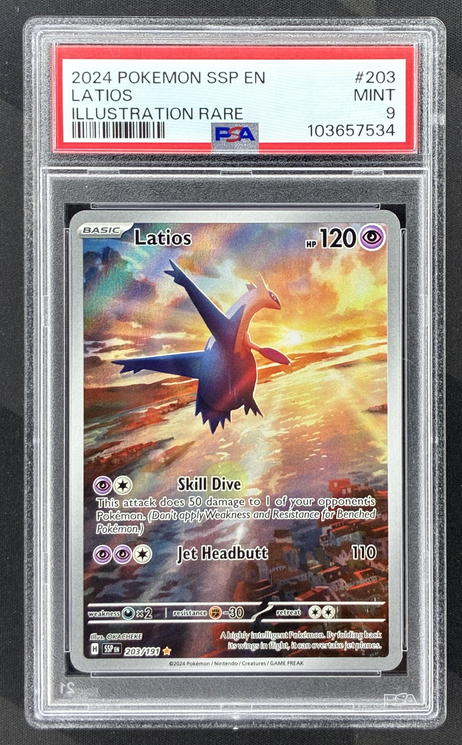 2024 Pokémon Surging Sparks Latios 203/191 Illustration Rare card graded PSA 9 Mint.