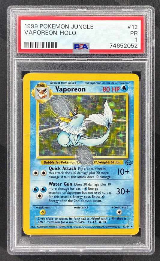 1999 Pokémon Jungle Vaporeon Holo 12/64 Unlimited card graded PSA 1 Poor.
