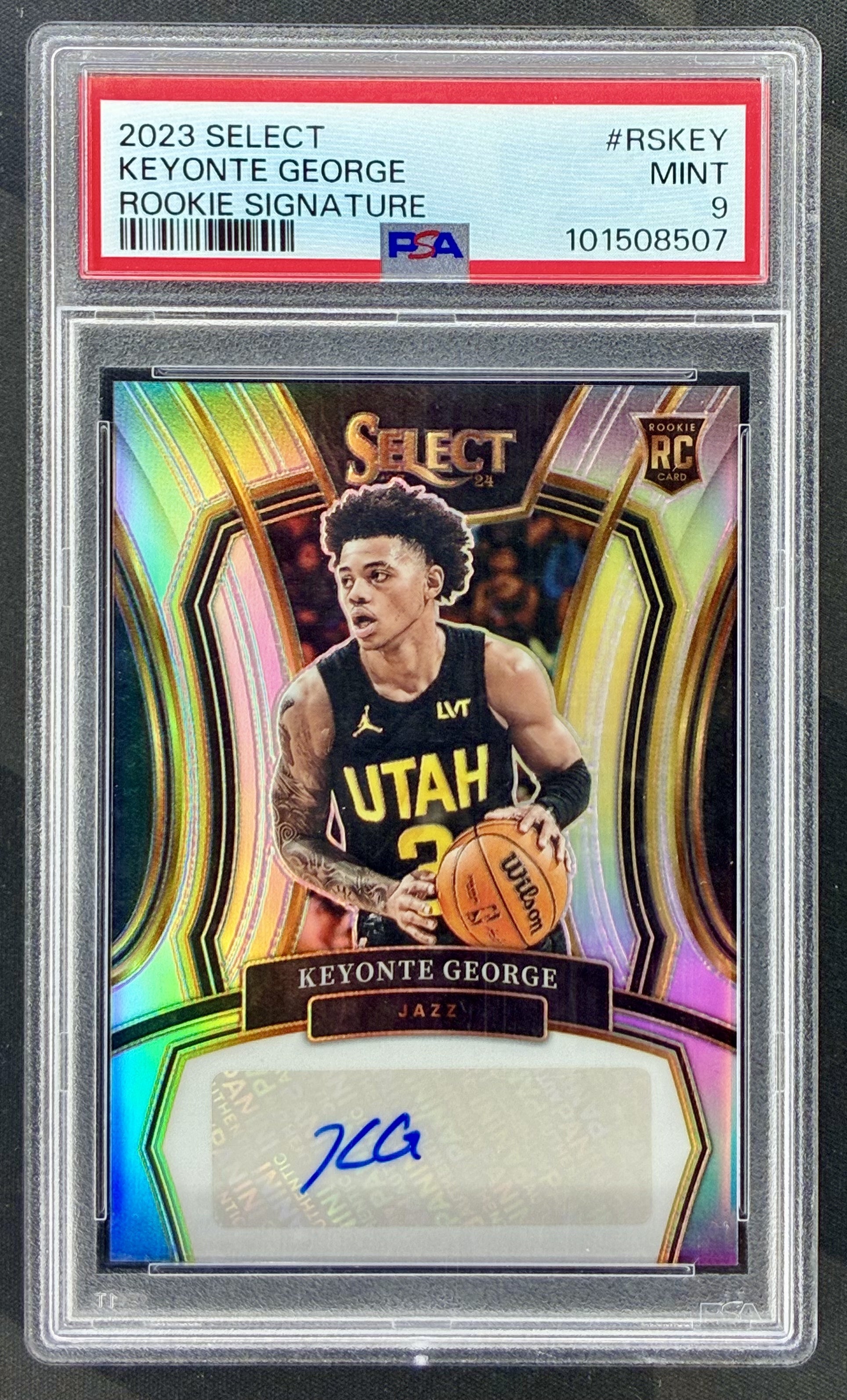 2023-24 Panini Select Keyonte George Rookie Signatures Silver Prizm autograph numbered to 125 graded PSA 9 Mint.