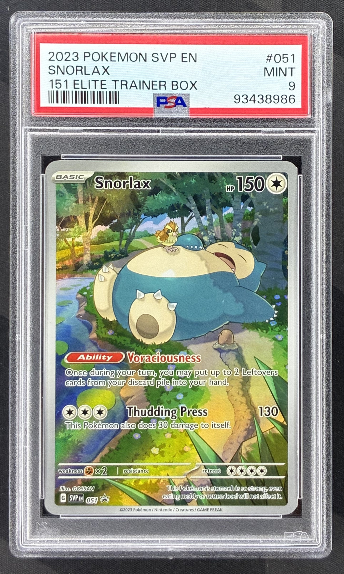 2023 Pokémon Snorlax SVP051 Scarlet & Violet 151 Black Star Promo card graded PSA 9 Mint.