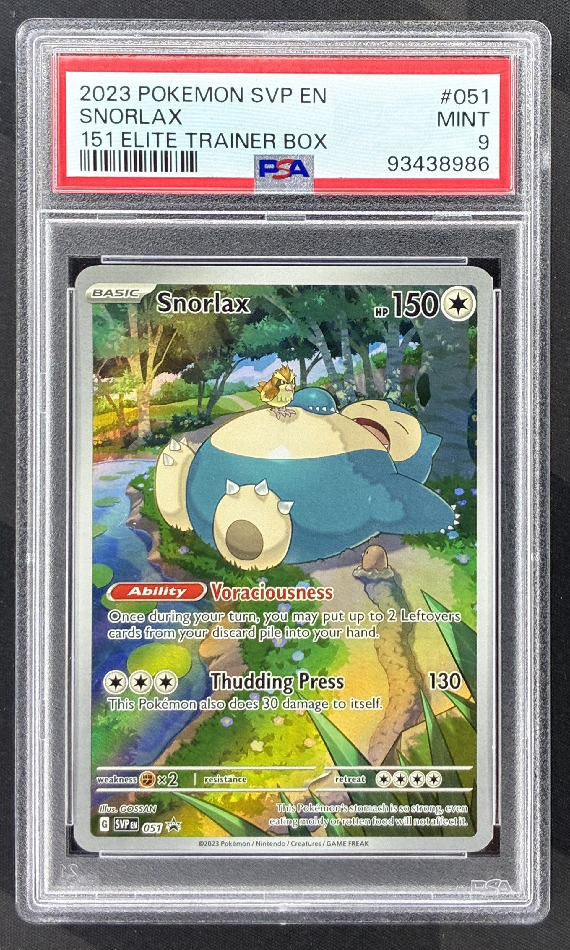 2023 Pokémon Snorlax SVP051 Scarlet & Violet 151 Black Star Promo card graded PSA 9 Mint.