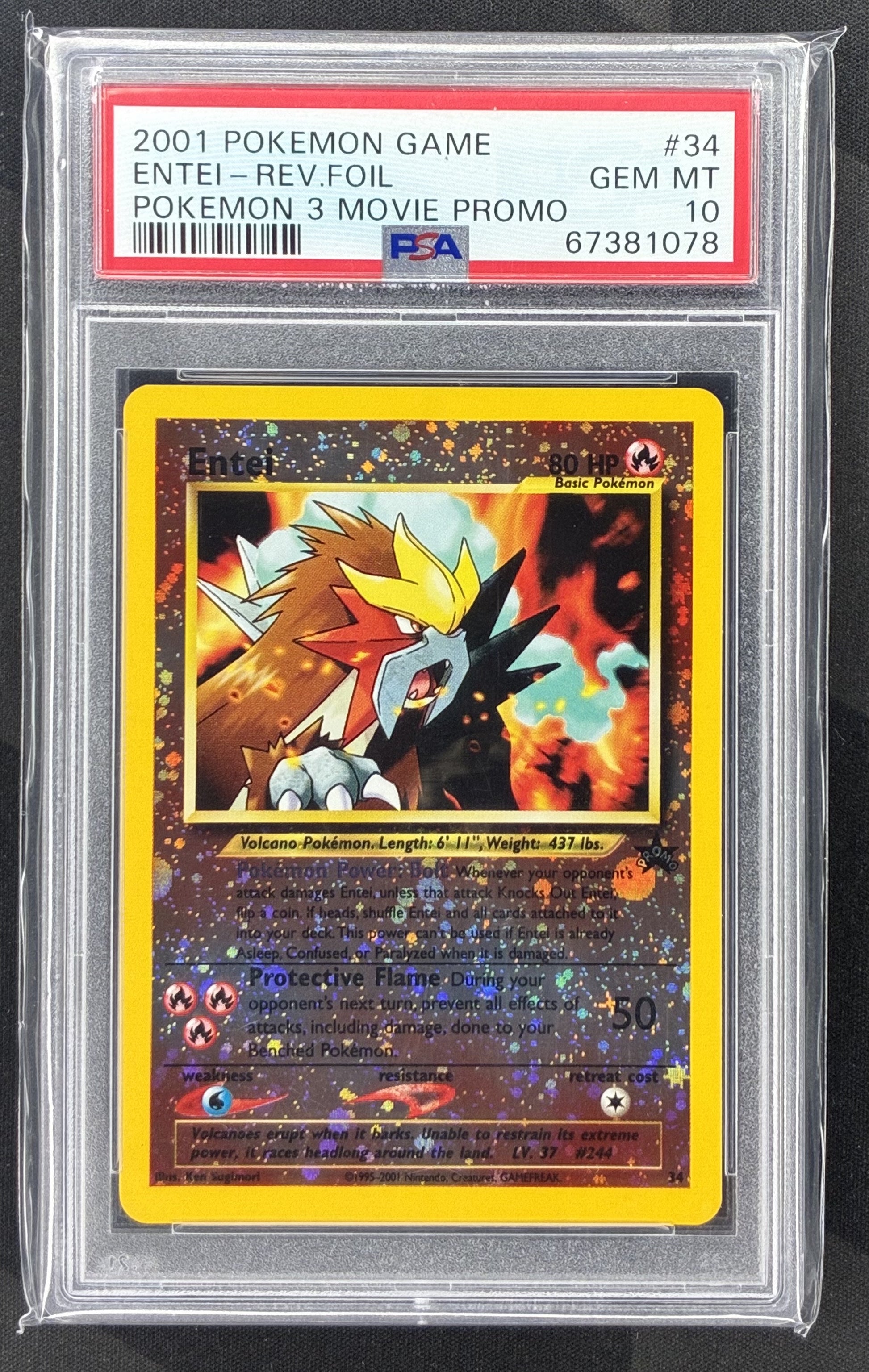2001 Pokémon Movie 3 Entei #34 Wizards Black Star Promo Reverse Holo card graded PSA 10 Gem Mint.