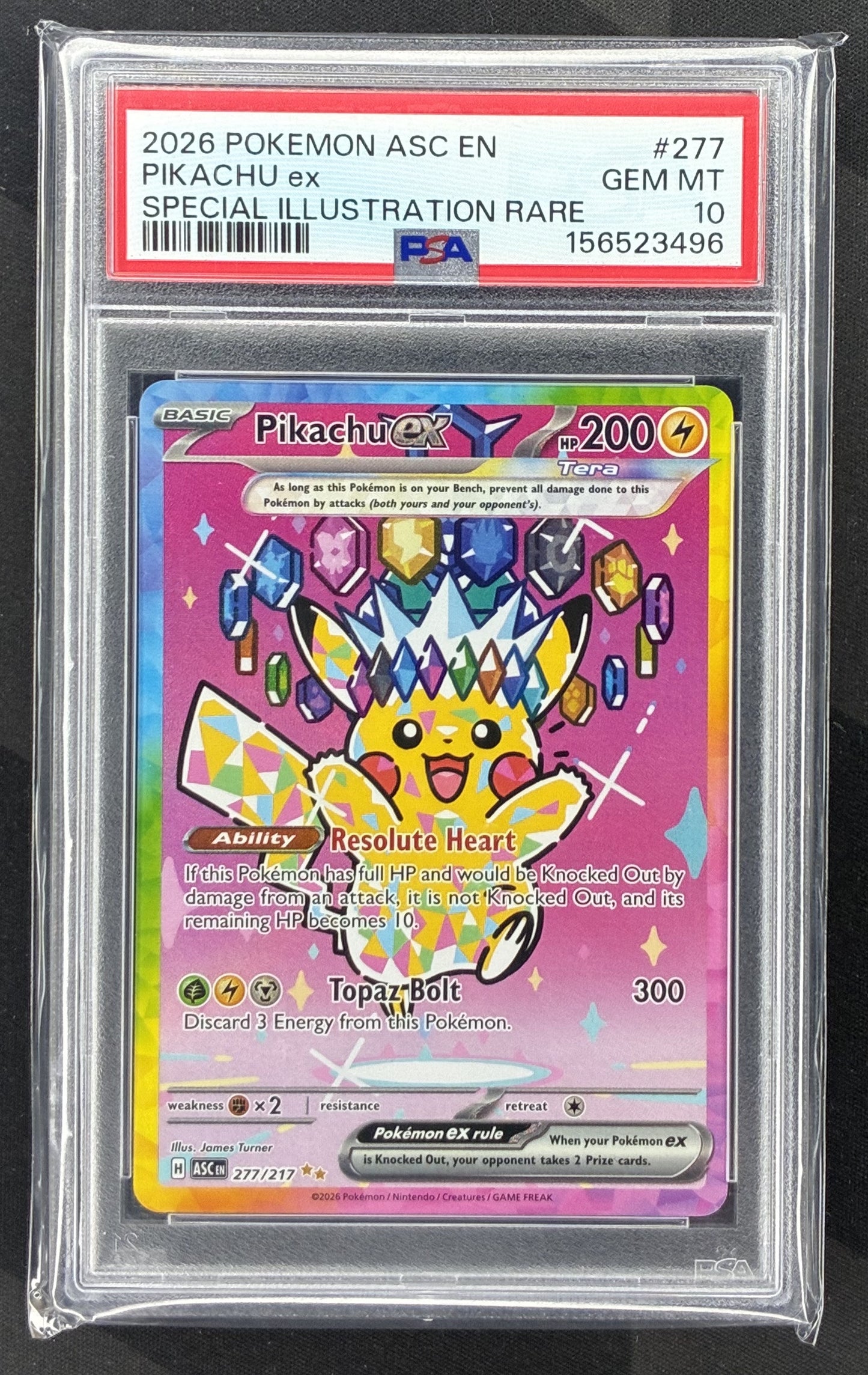 2026 Pokémon Mega Evolution Ascended Heroes Pikachu ex 277/217 Holo card graded PSA 10 Gem Mint.