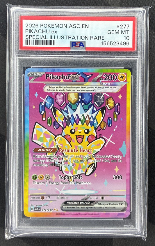 2026 Pokémon Mega Evolution Ascended Heroes Pikachu ex 277/217 Holo card graded PSA 10 Gem Mint.