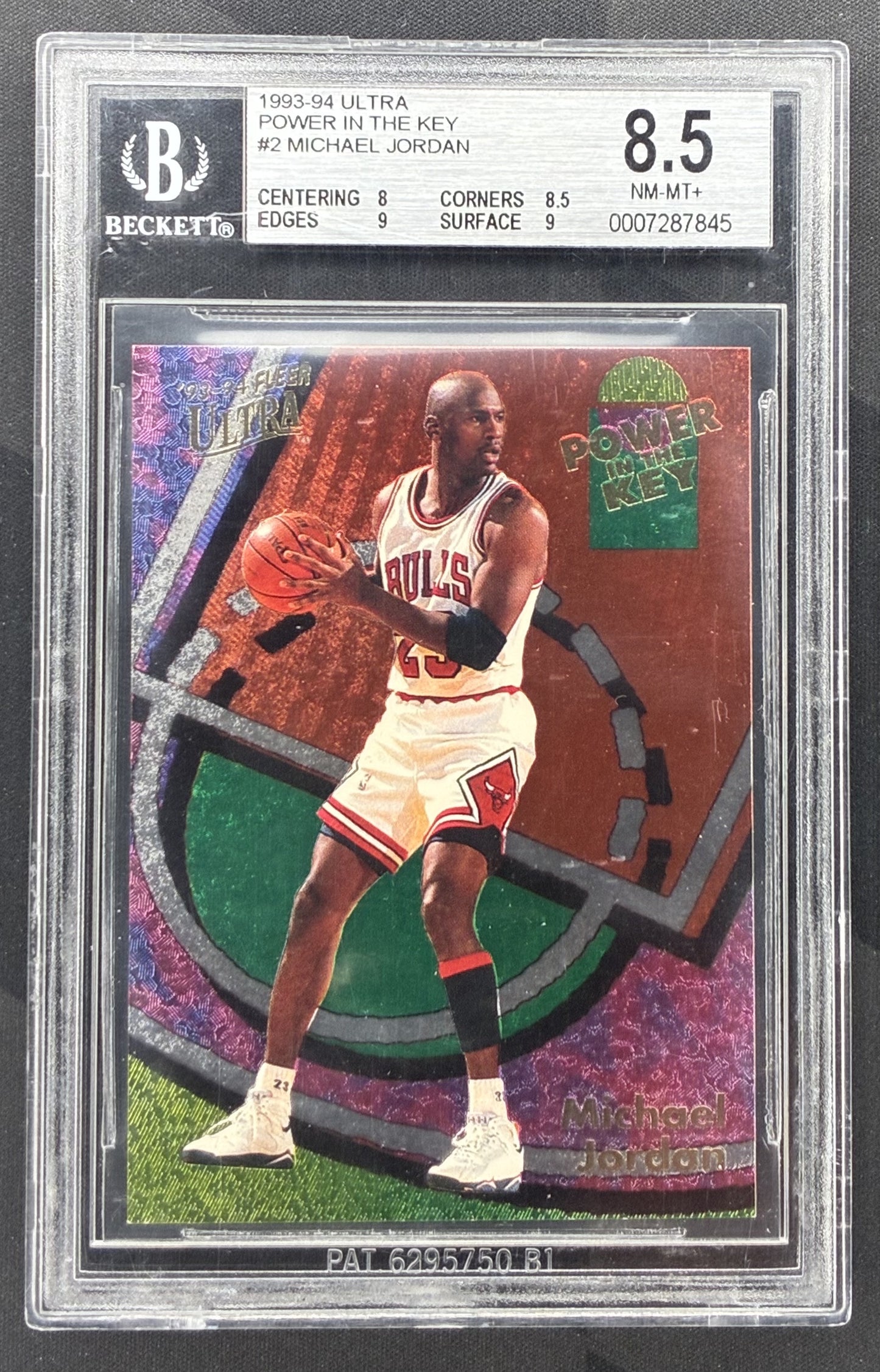1993-94 Fleer Ultra Power in the Key Michael Jordan #2 Chicago Bulls card graded BGS 8.5 NM-MT+.