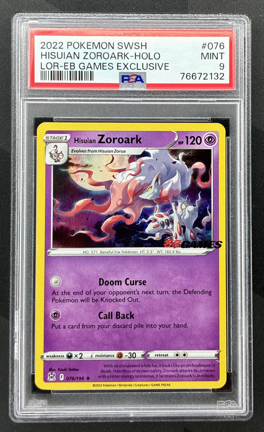 2022 Pokémon Lost Origin Hisuian Zoroark 076/196 EB Games Exclusive stamped promo card graded PSA 9 Mint.