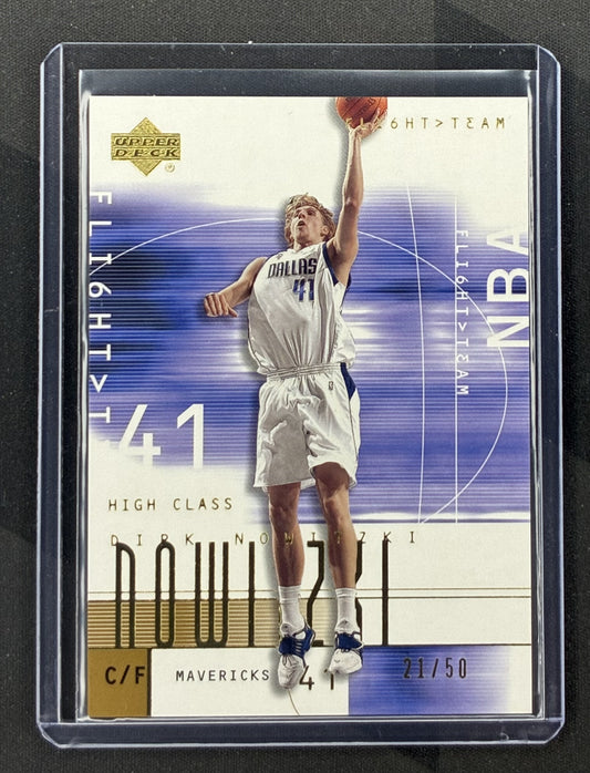 2001-02 Upper Deck Flight Team Dirk Nowitzki #2 High Class Gold basketball card serial numbered to 50.
