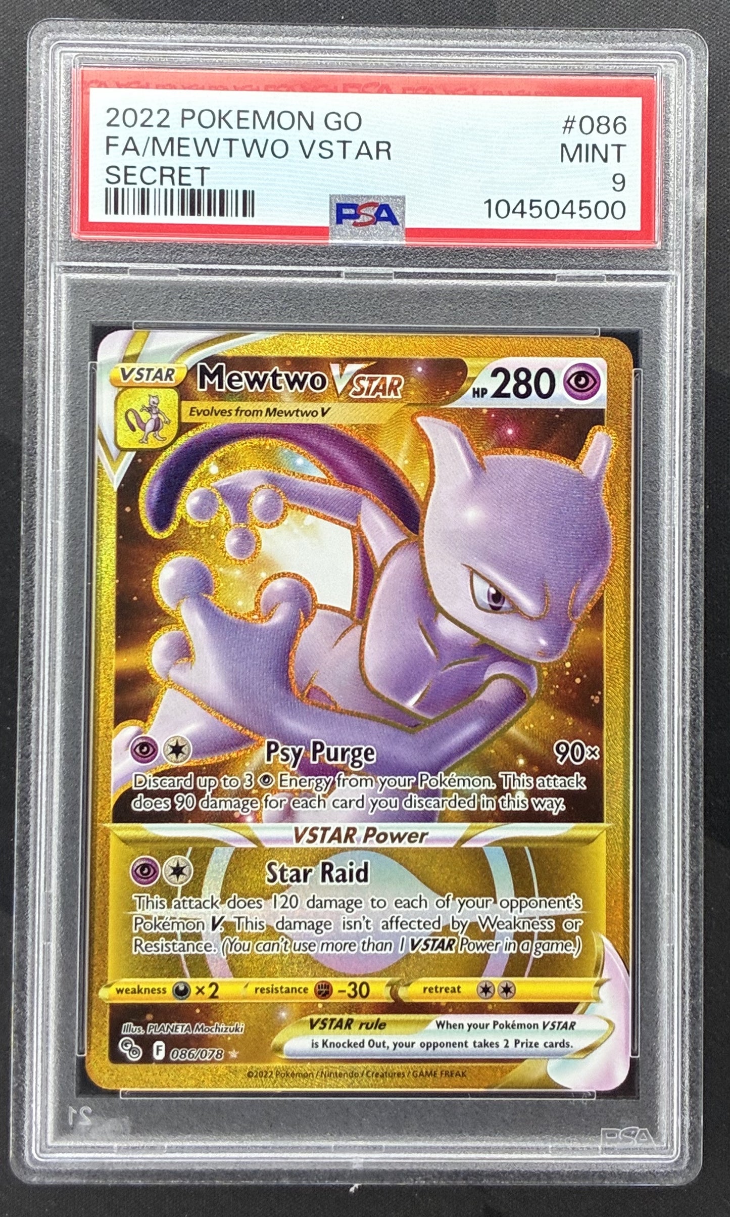 2022 Pokémon GO Mewtwo VSTAR Gold Secret Rare 086/078 English Pokémon card graded PSA 9 Mint.