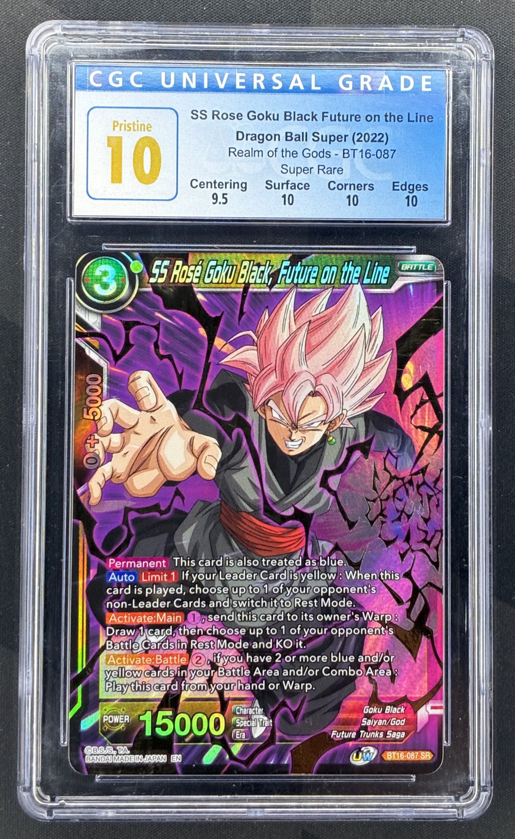 2022 Dragon Ball Super Realm of the Gods SS Rose Goku Black Future on the Line BT16-087 Super Rare card graded CGC 10 Pristine.