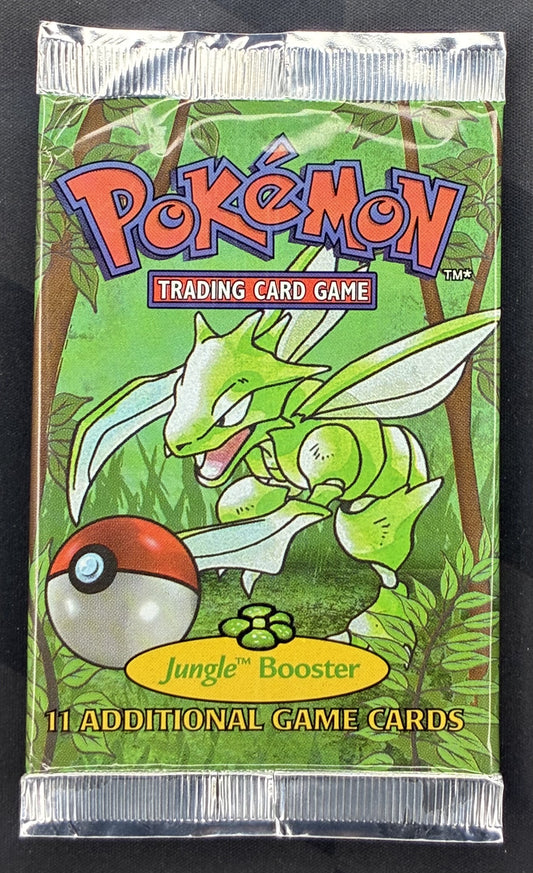 Pokémon Jungle Australian Red Logo variant Scyther artwork factory sealed vintage WotC booster pack.