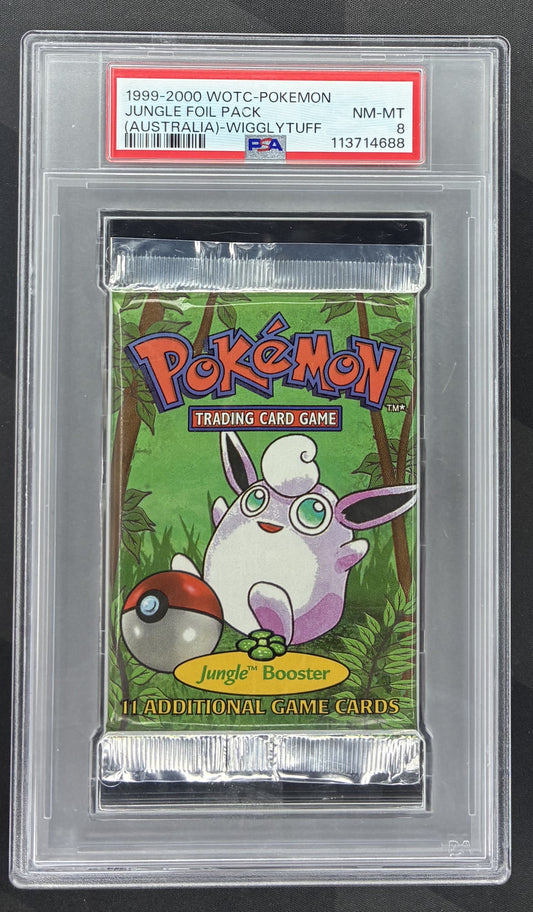 1999 Pokémon Jungle Unlimited Australian Red Logo factory sealed booster pack graded PSA 8 NM-MT.