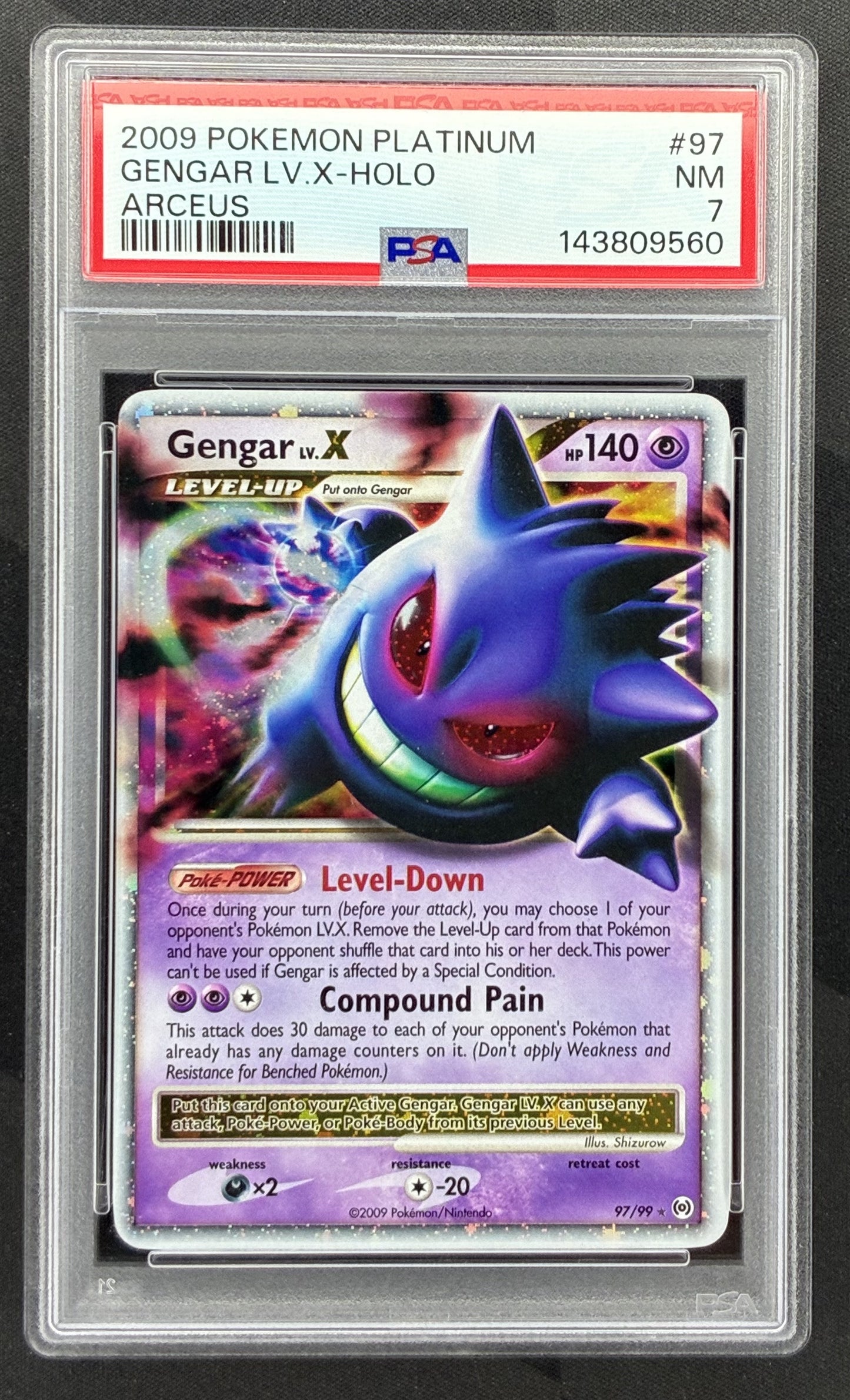 2009 Pokémon Platinum Arceus Gengar LV.X Holo 97/99 English card graded PSA 7 NM.