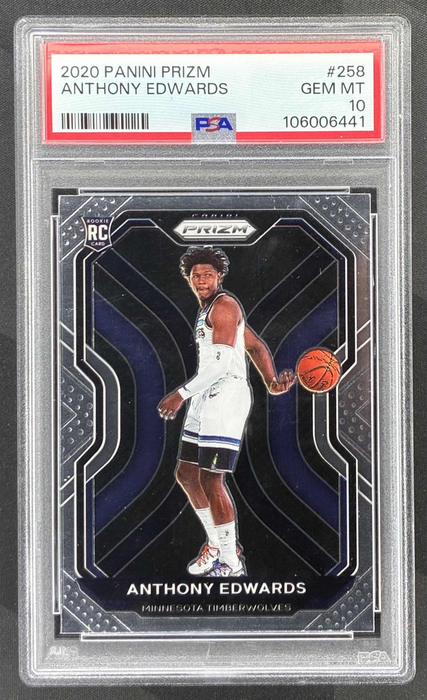 2020-21 Panini Prizm Anthony Edwards Rookie Card RC #258 Minnesota Timberwolves graded PSA 10 Gem Mint.