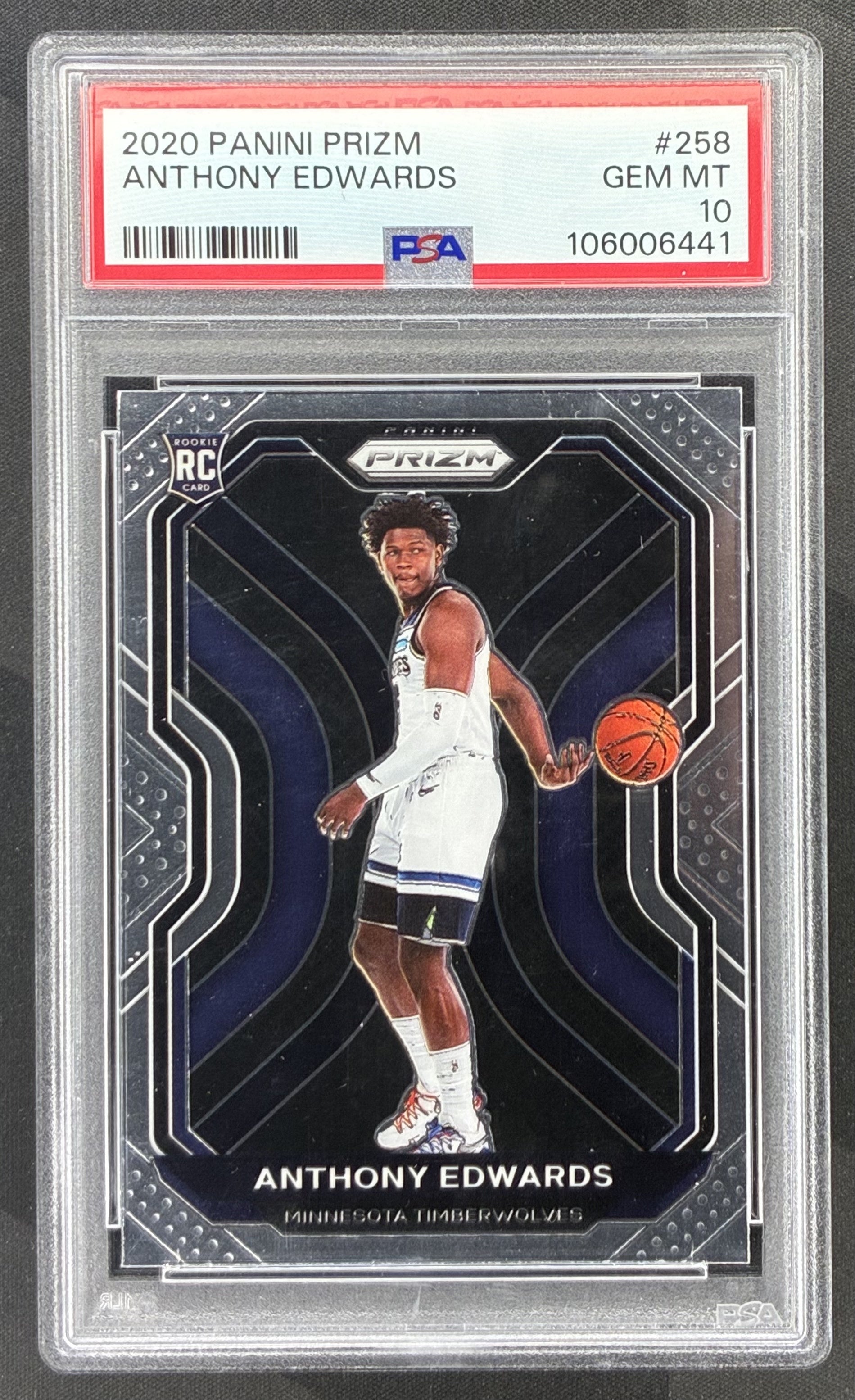 2020-21 Panini Prizm Anthony Edwards Rookie Card RC #258 Minnesota Timberwolves graded PSA 10 Gem Mint.