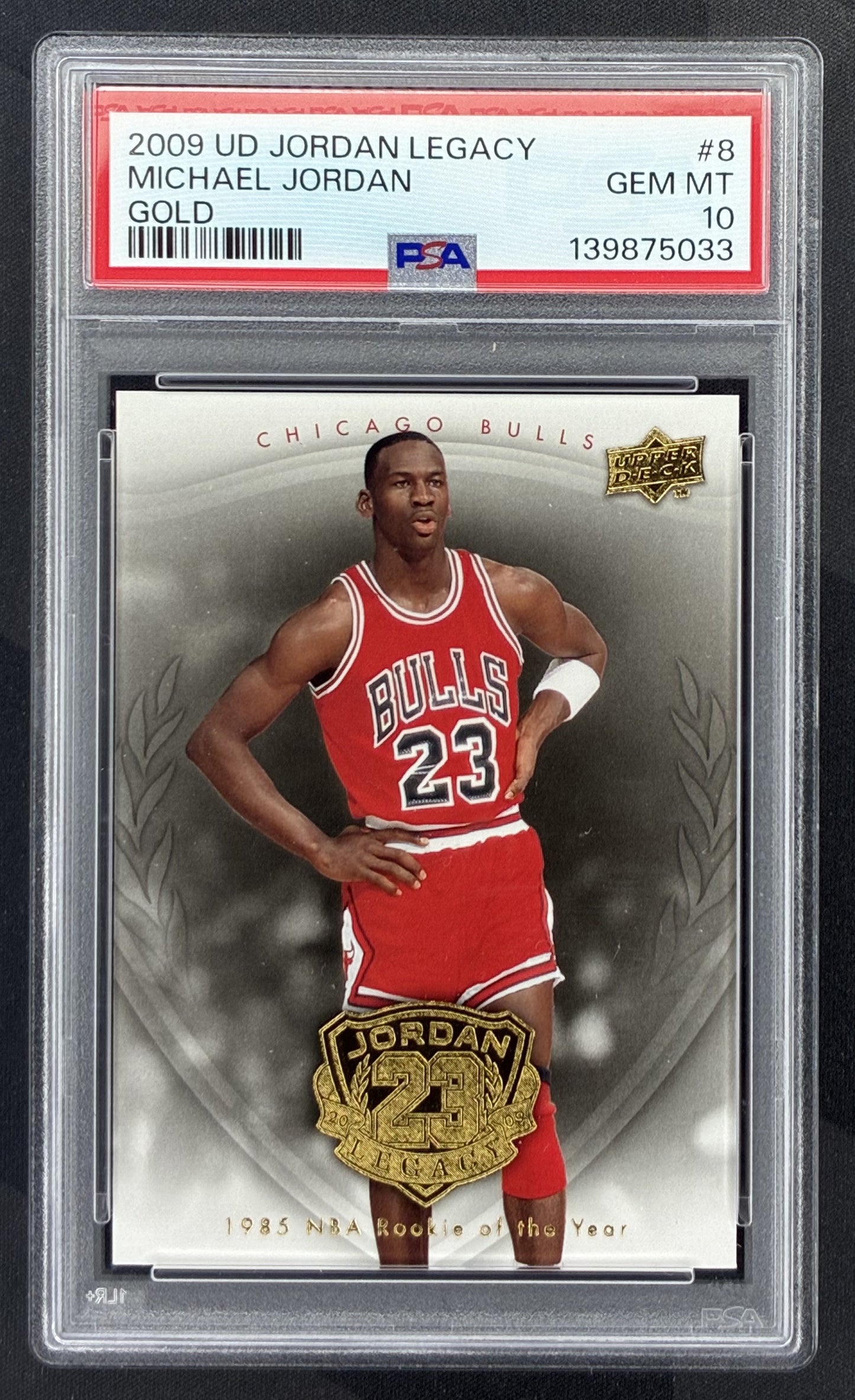 2009-10 Upper Deck Michael Jordan Legacy Hall of Fame Edition Gold #8 Chicago Bulls basketball card graded PSA 10 Gem Mint.