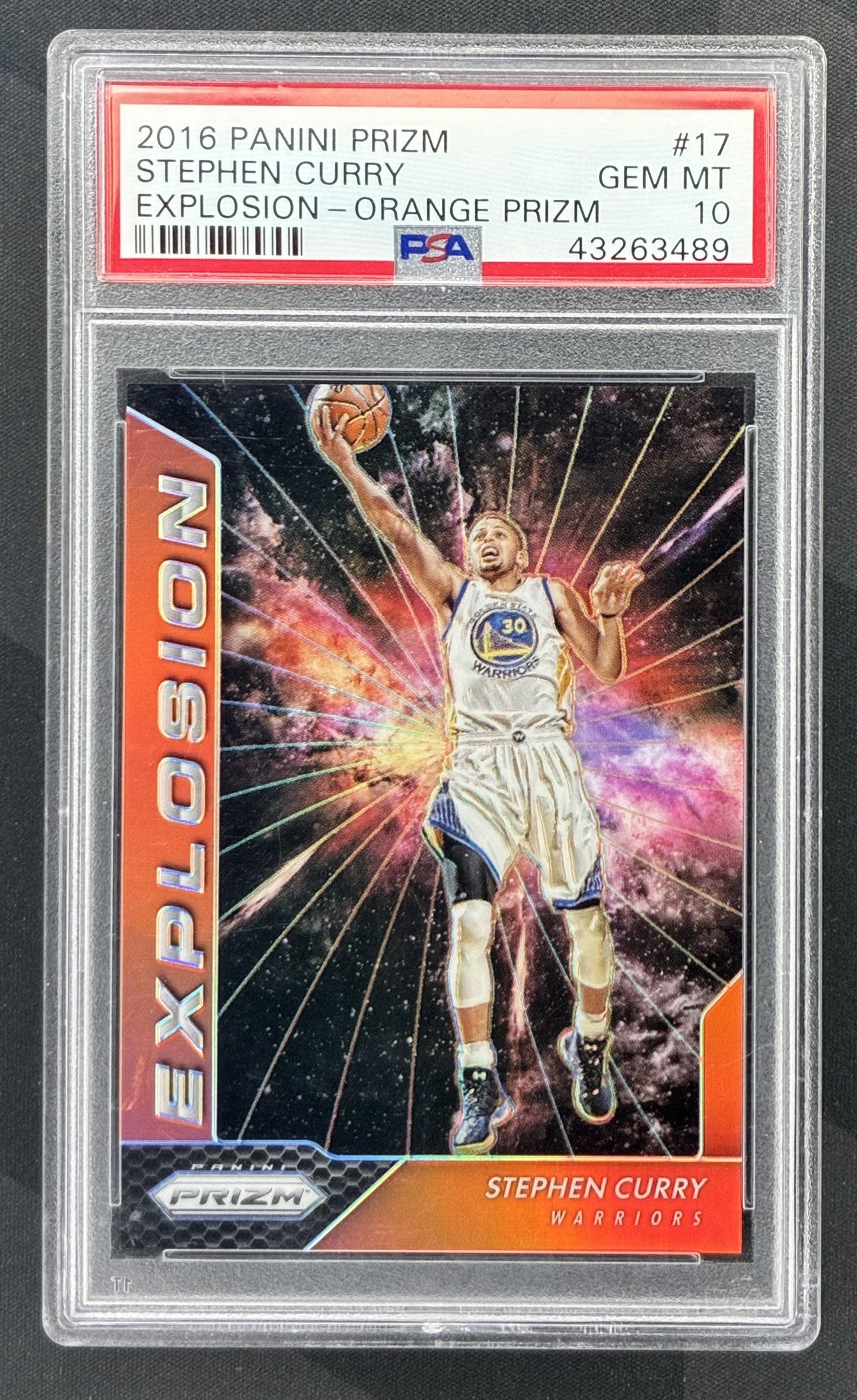 2016-17 Panini Prizm Stephen Curry Orange Prizm #17 Golden State Warriors basketball card numbered /49 and graded PSA 10 Gem Mint.
