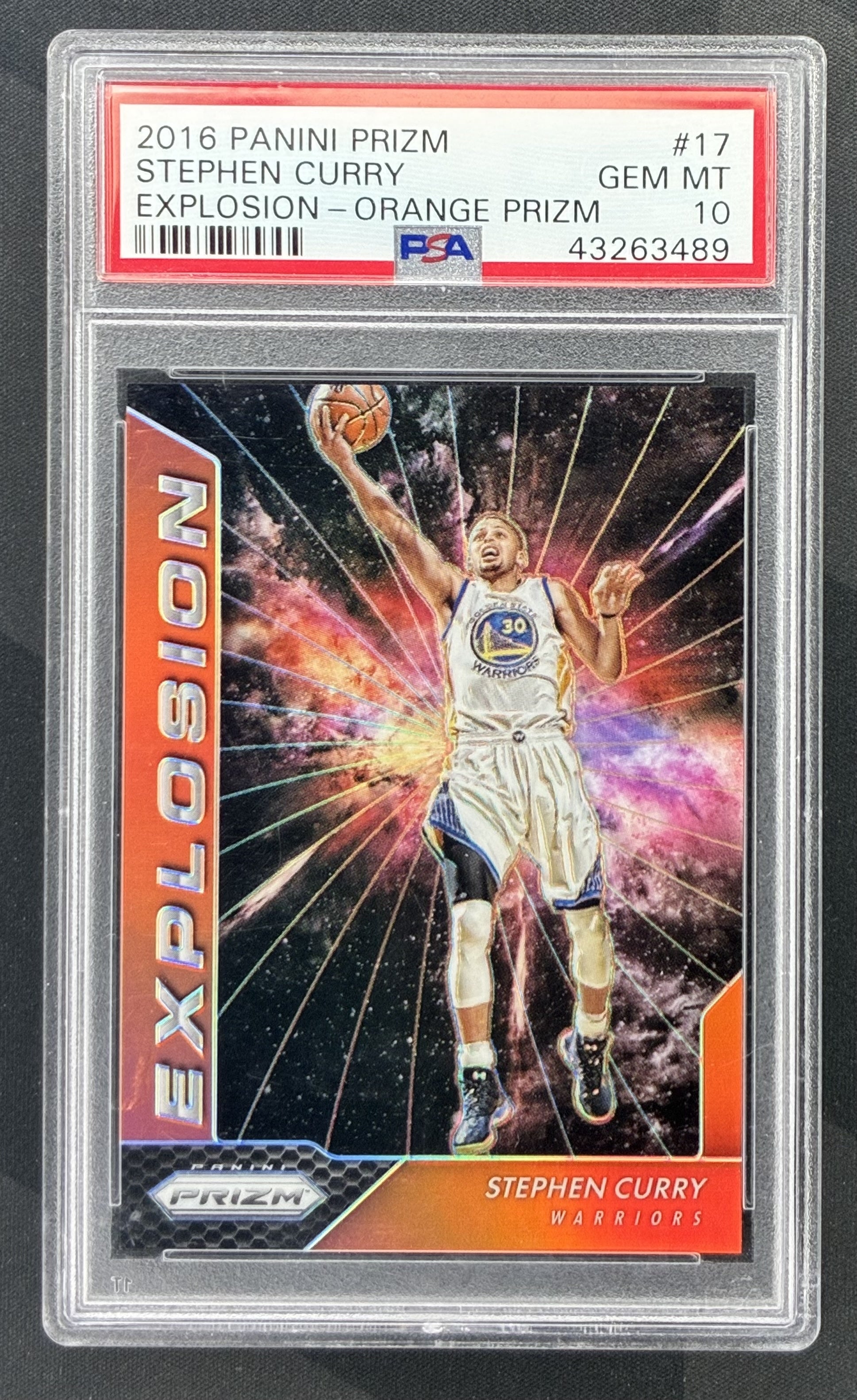 2016-17 Panini Prizm Stephen Curry Orange Prizm #17 Golden State Warriors basketball card numbered /49 and graded PSA 10 Gem Mint.