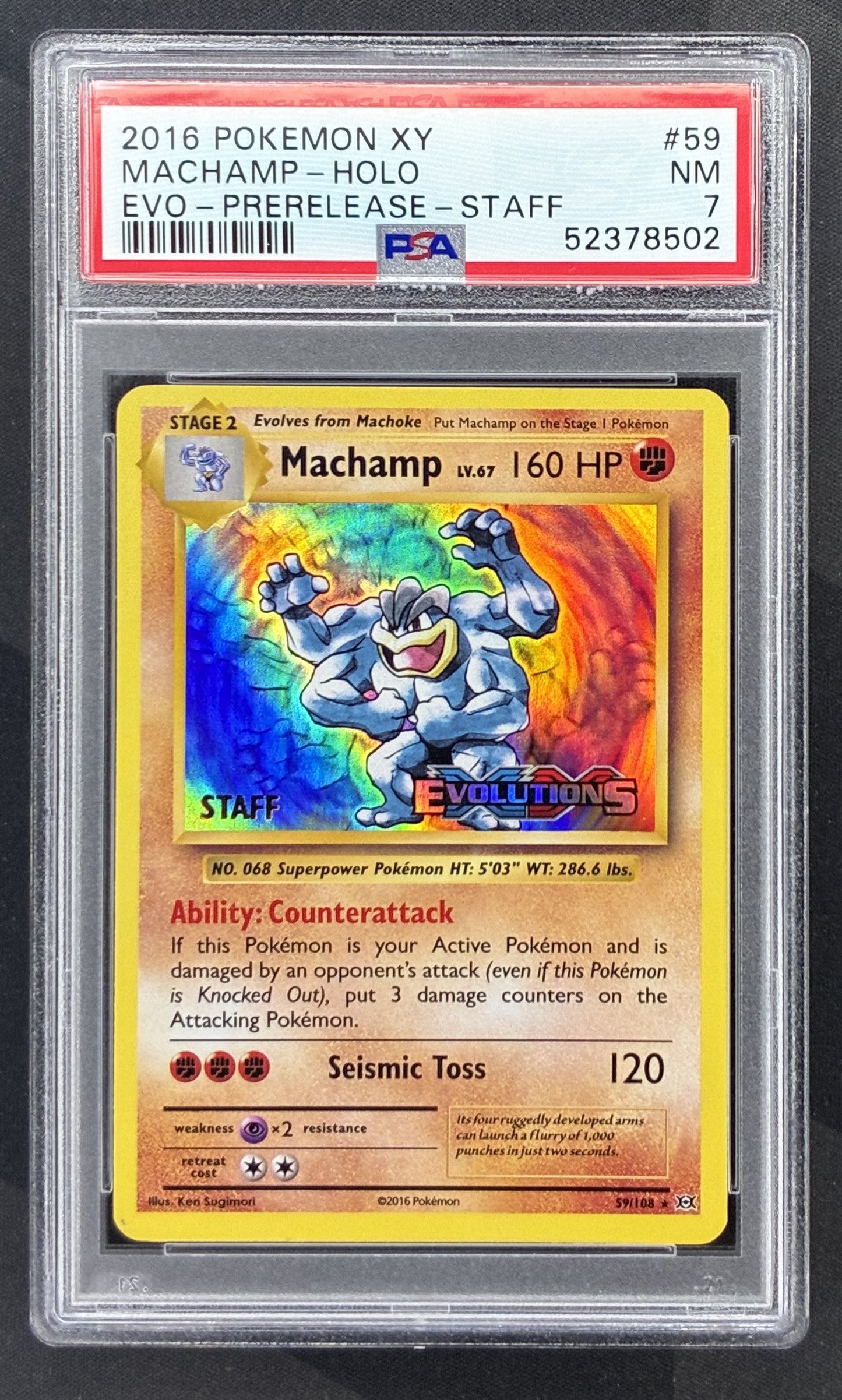 2016 Pokémon XY Evolutions Machamp 59/108 Staff Prerelease Promo Holo card graded PSA 7 NM.