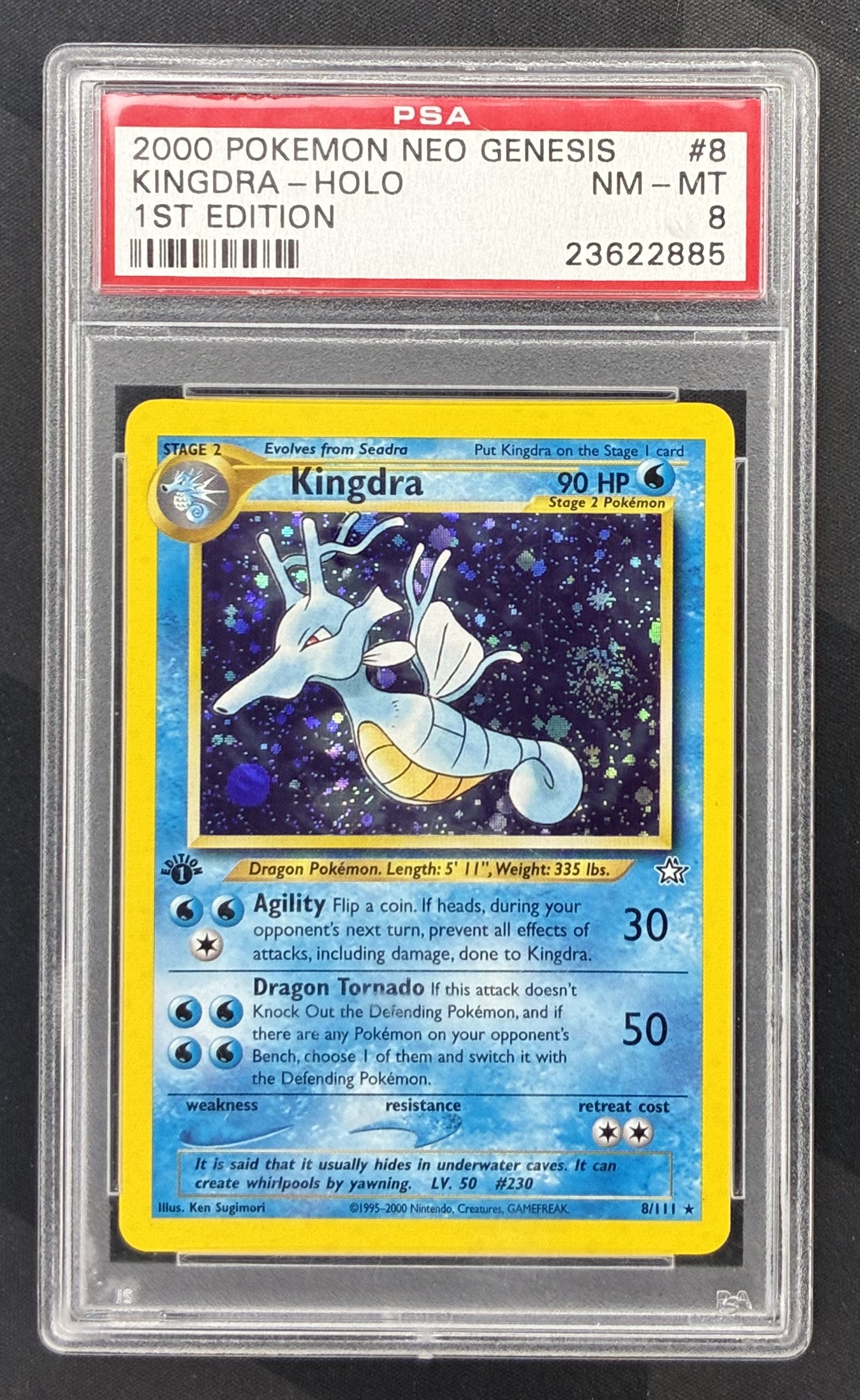 2000 Pokémon Neo Genesis Kingdra Holo 8/111 1st Edition Wizards of the Coast card graded PSA 8 NM-MT.