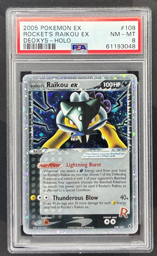 2005 Pokémon EX Deoxys Rocket's Raikou ex Holo Secret Rare 108/107 English card graded PSA 8 NM-MT.