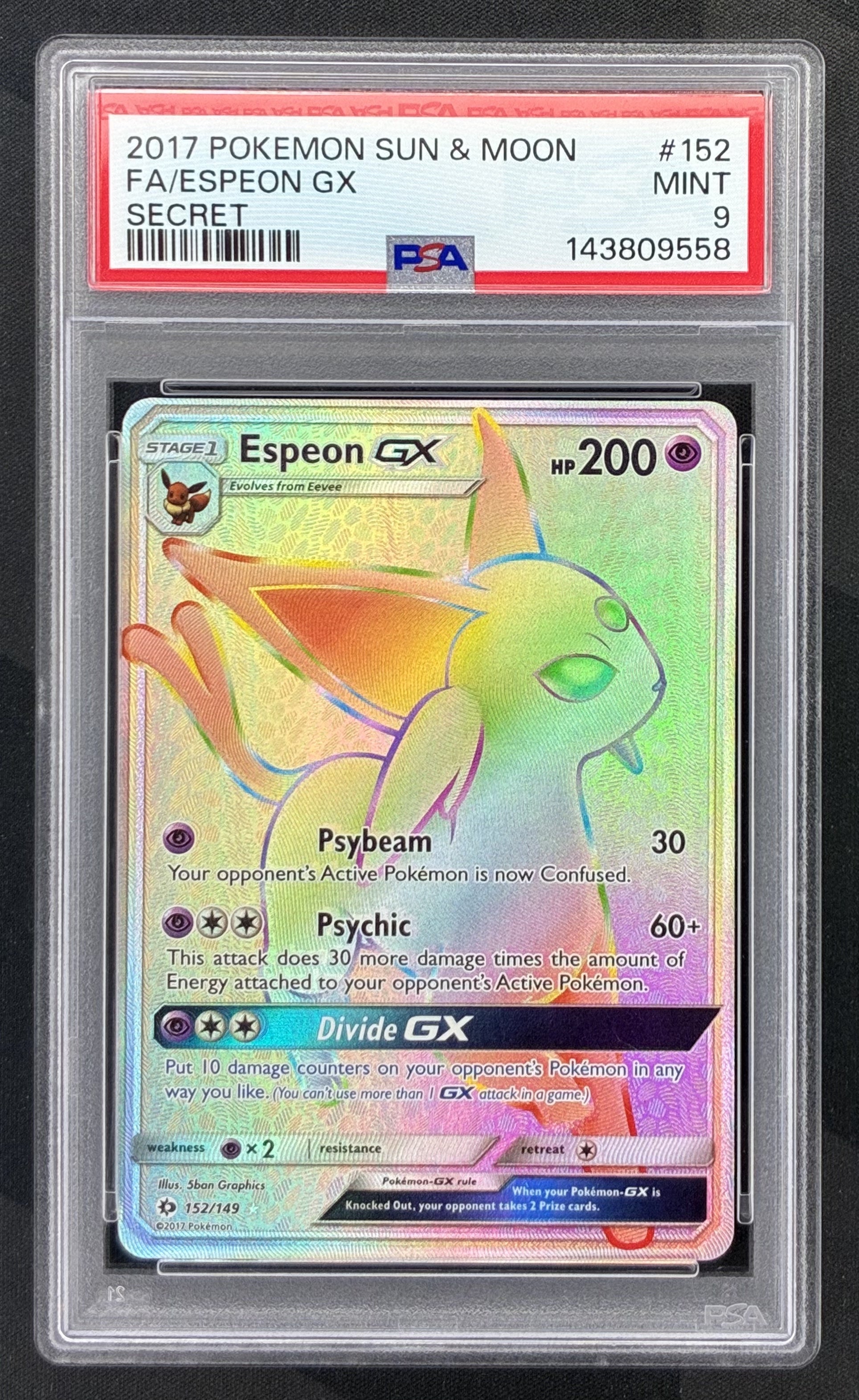 2017 Pokémon Sun & Moon Base Set Espeon GX Secret Rare Rainbow Holo 152/149 English card graded PSA 9 Mint.